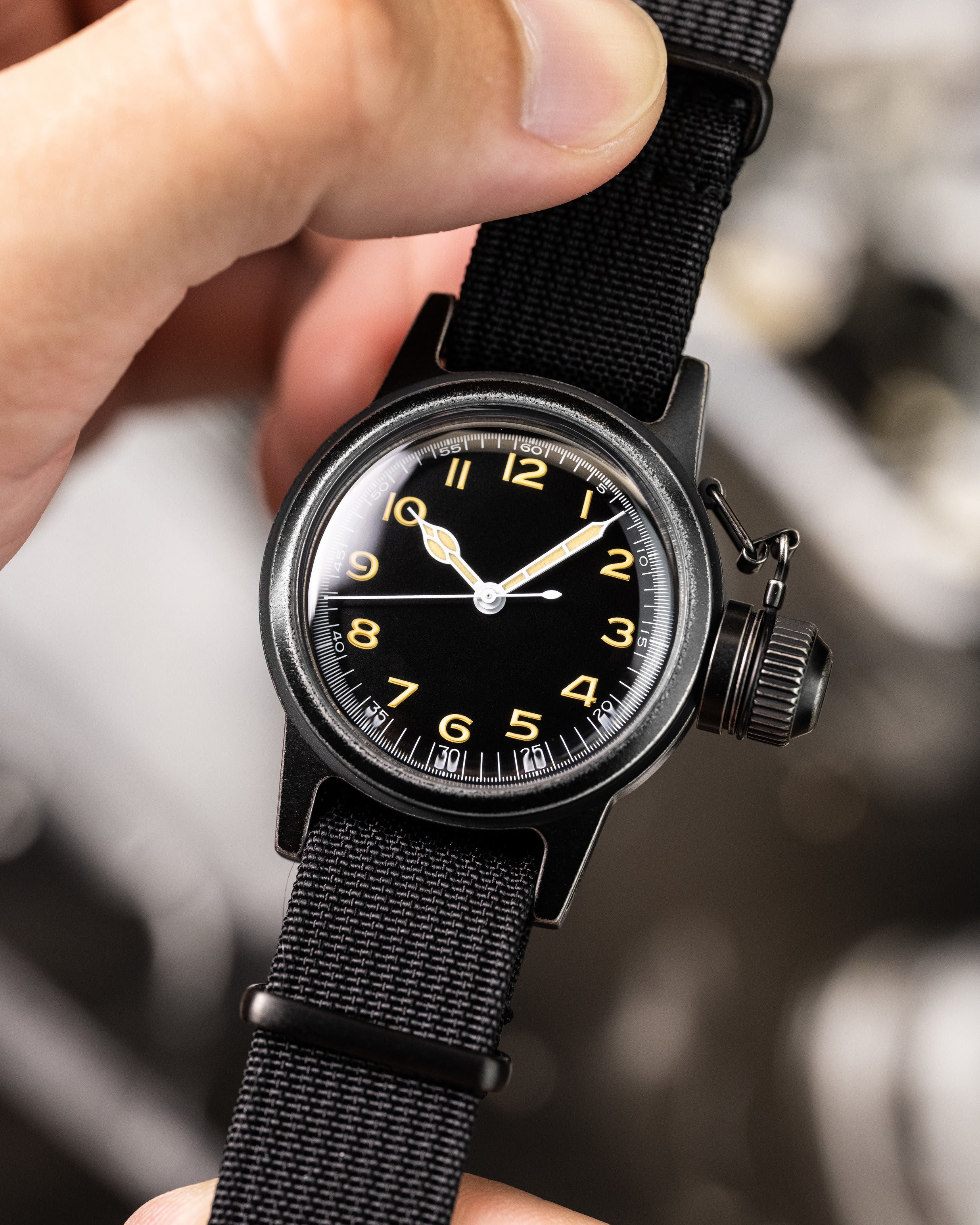 Custom Seiko Mod – Military Dive Watch Inspired By1951Elgin Udt Frogman Matte Black Canteen-Style Case Gilt Numerals Wearing On Hand4