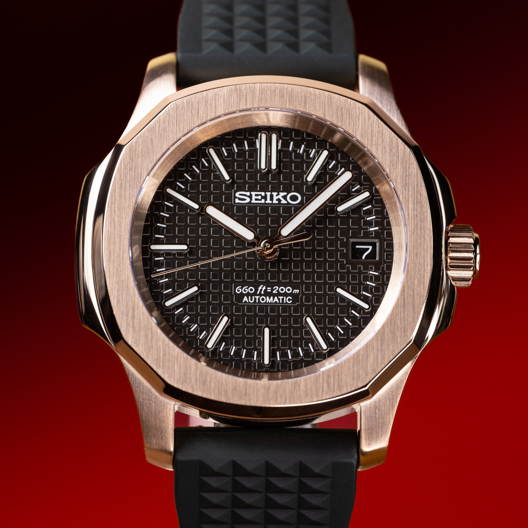 Custom Seiko Mod – Nautilus Watch With Rose Gold Case Waffle Textured Black Dial And Black Waffle Rubber Strap1