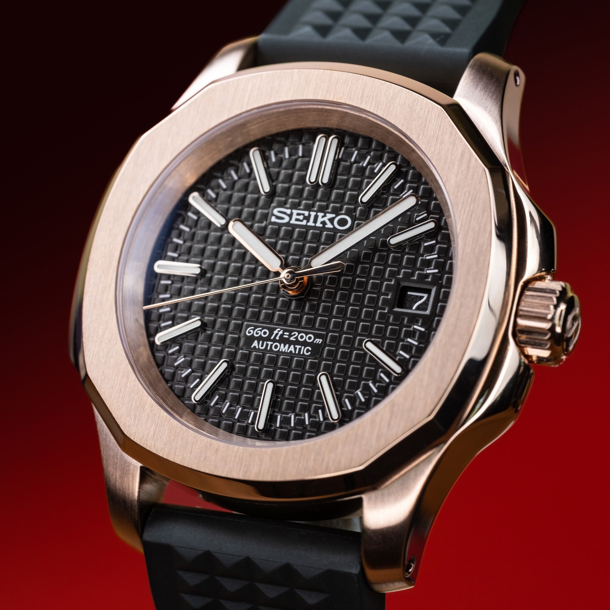Custom Seiko Mod – Nautilus Watch With Rose Gold Case Waffle Textured Black Dial And Black Waffle Rubber Strap2