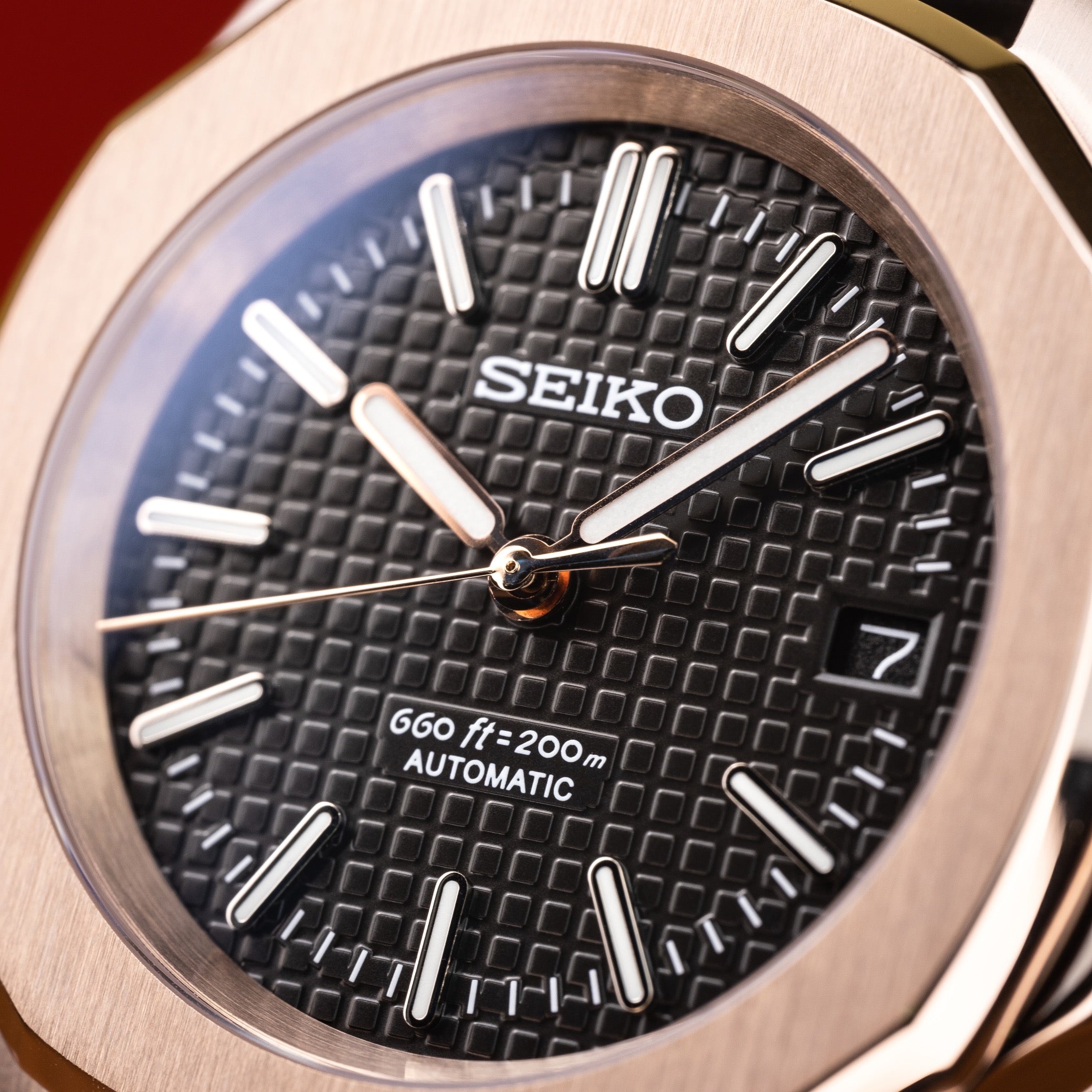 Custom Seiko Mod – Nautilus Watch With Rose Gold Case Waffle Textured Black Dial And Black Waffle Rubber Strap3