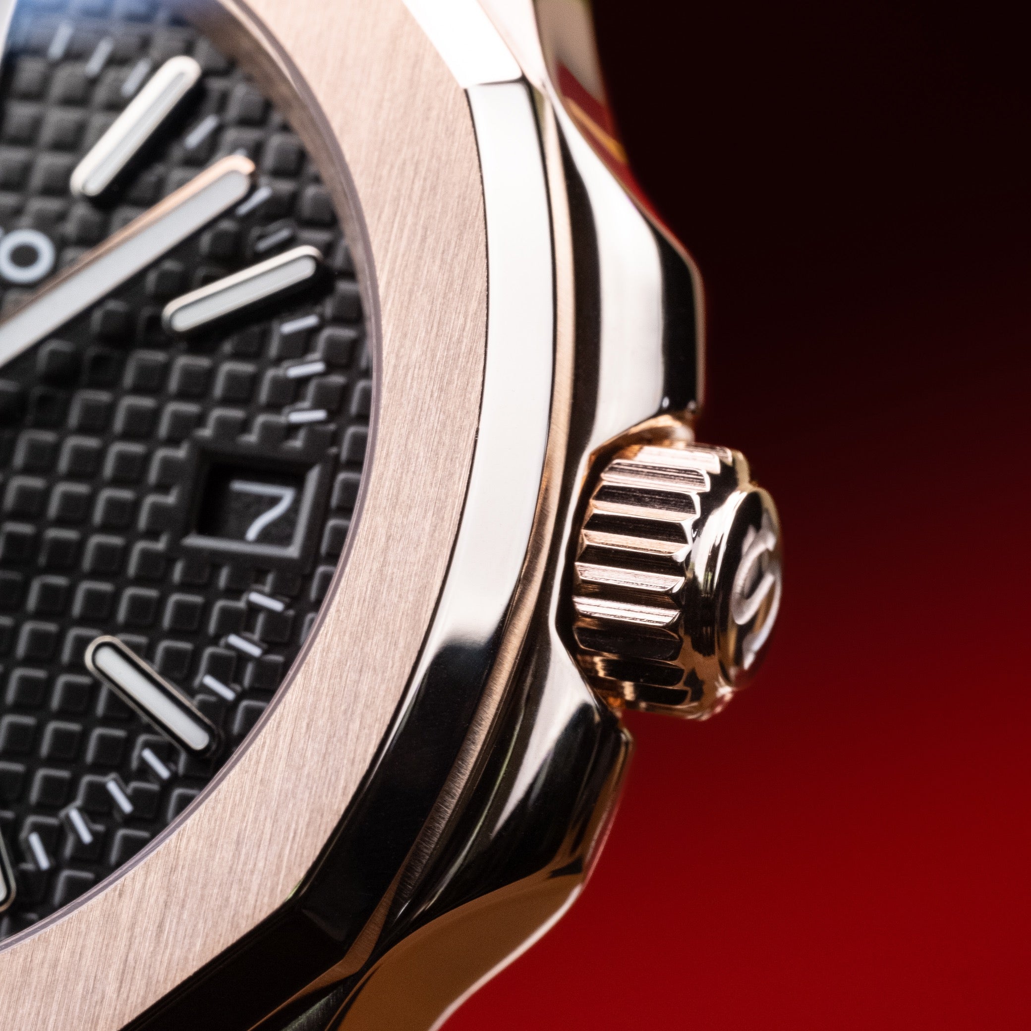 Custom Seiko Mod – Nautilus Watch With Rose Gold Case Waffle Textured Black Dial And Black Waffle Rubber Strap6