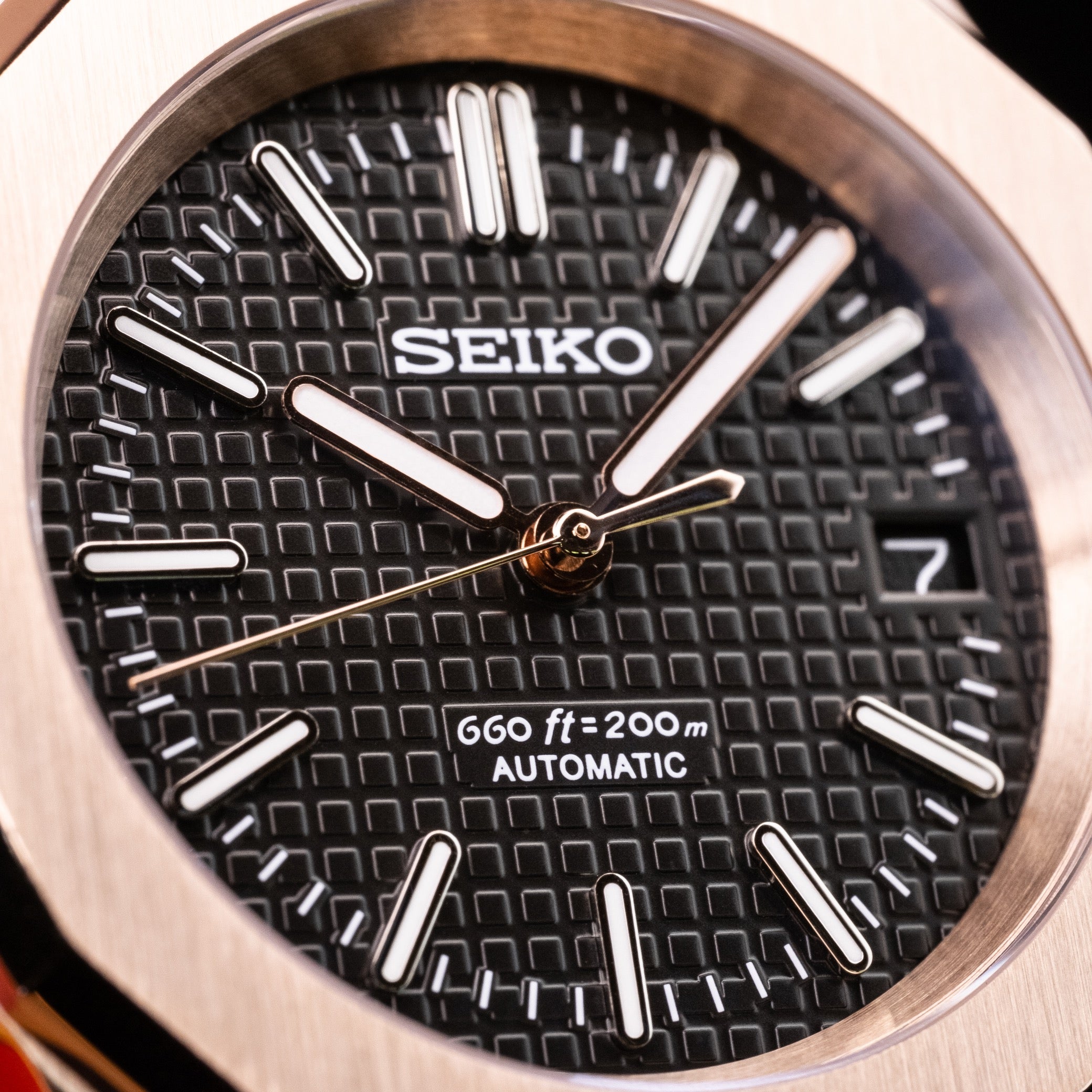 Custom Seiko Mod – Nautilus Watch With Rose Gold Case Waffle Textured Black Dial And Black Waffle Rubber Strap8