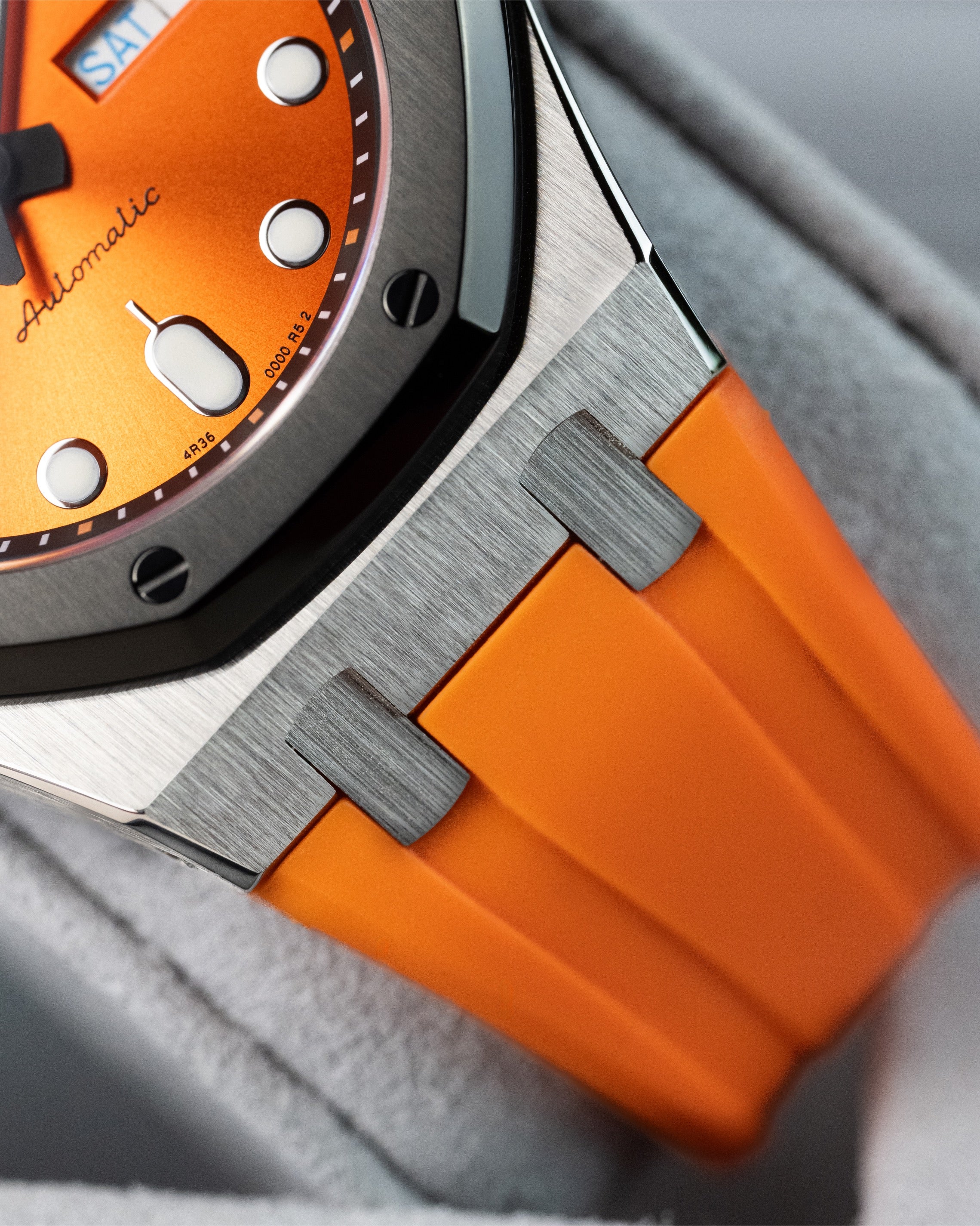 Custom Seiko Mod – Royal Oak Ap With Bold Orange Sunburst Dial Black Octagonal Bezel And Matching Orange Rubber Strap6