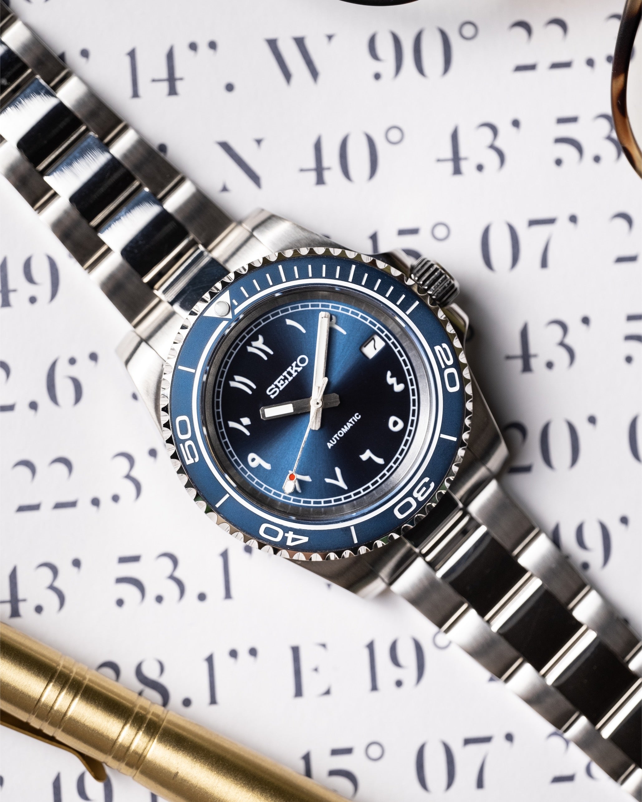 Custom Seiko Mod – Submariner Diver With Arabic Numerals Sunburst Blue Dial Stainless Steel Bracelet1