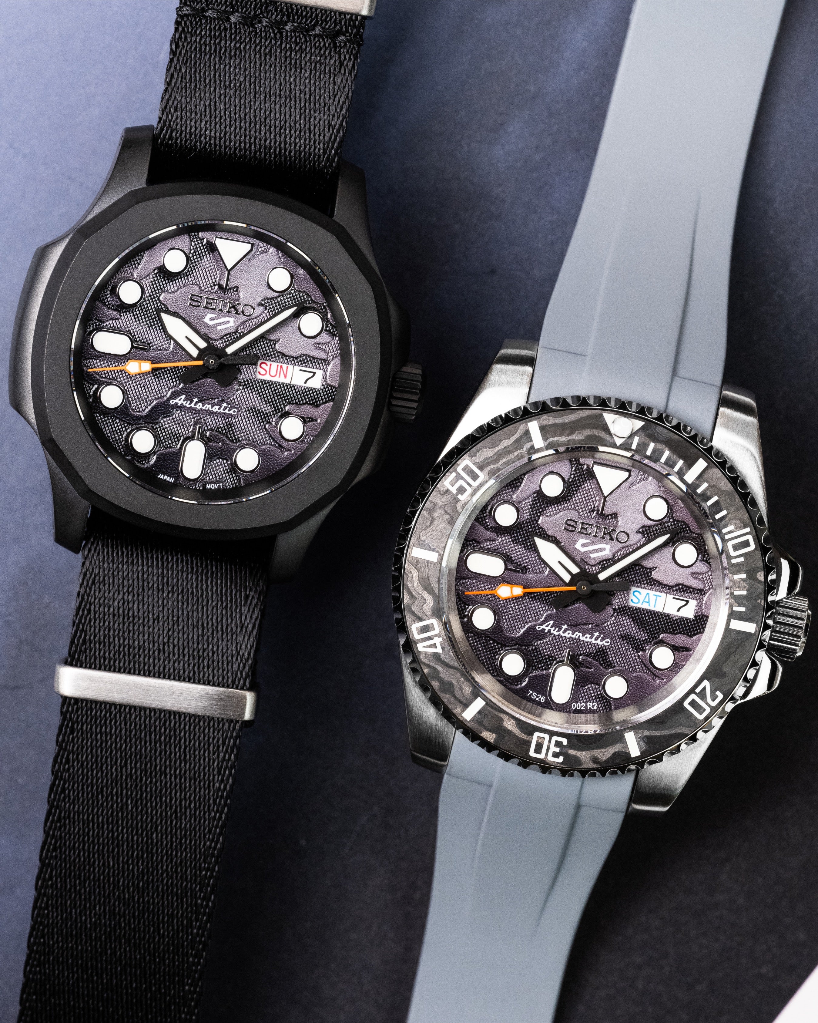 Custom Seiko Mod – Submariner Watch Damascus Steel Bezel Grey Camo Dial Orange Seconds Hand Grey Rubber Strap1