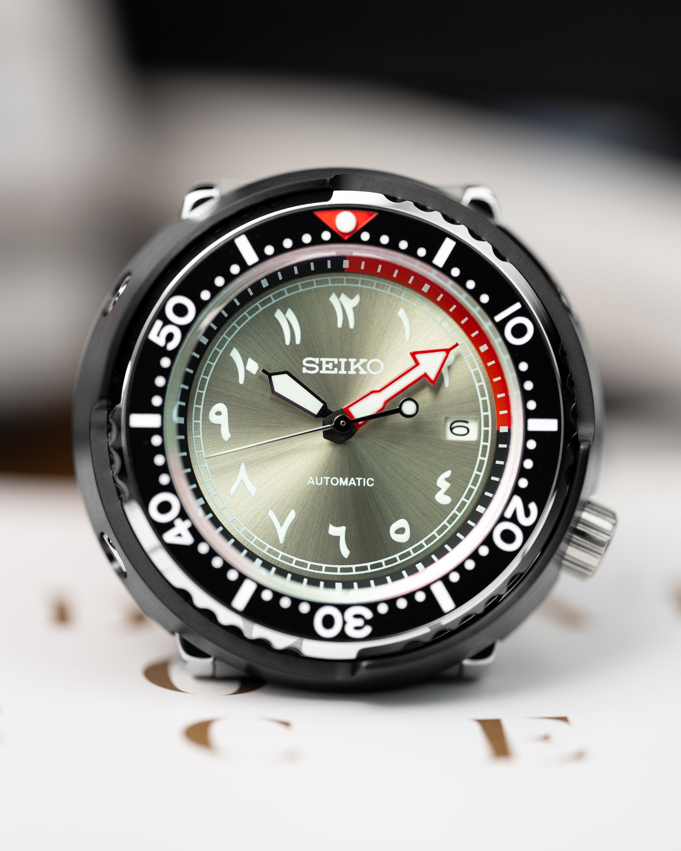 Custom Seiko Mod – Tuna Stainless Steel Case Red Details Grey Arabic Numeral Dials Black Rubber Strap1