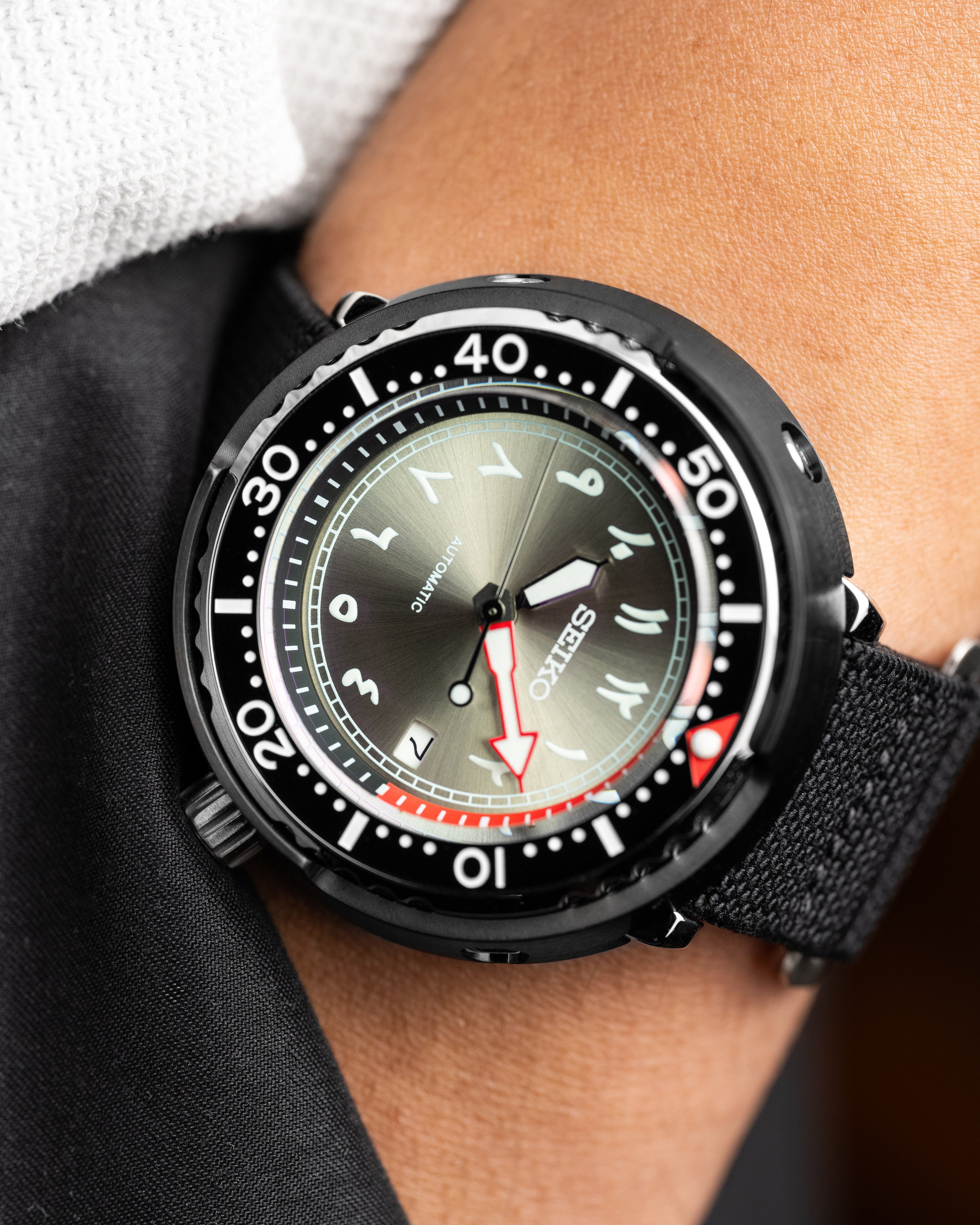 Custom Seiko Mod – Tuna Stainless Steel Case Red Details Grey Arabic Numeral Dials Black Rubber Strap11
