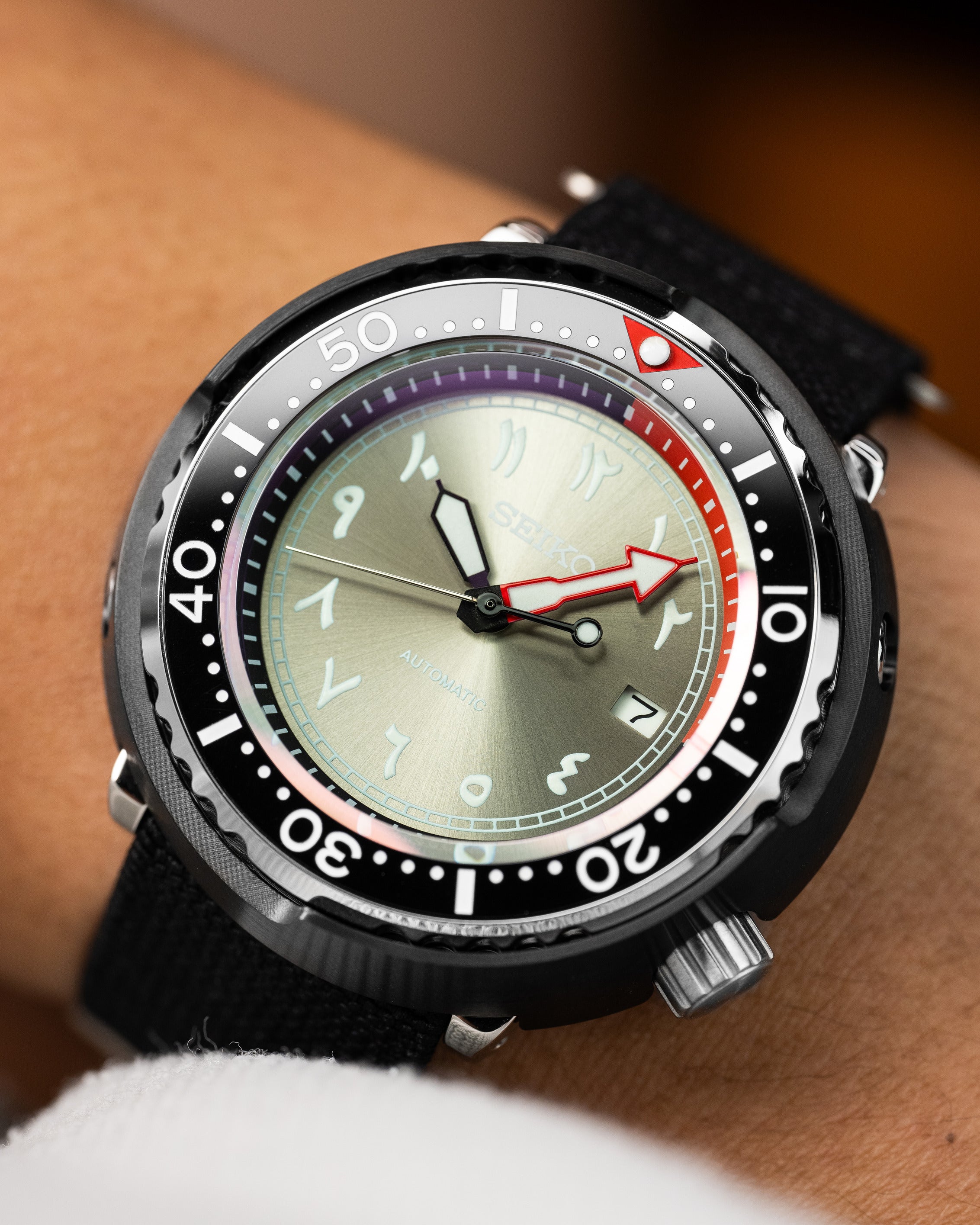 Custom Seiko Mod – Tuna Stainless Steel Case Red Details Grey Arabic Numeral Dials Black Rubber Strap13