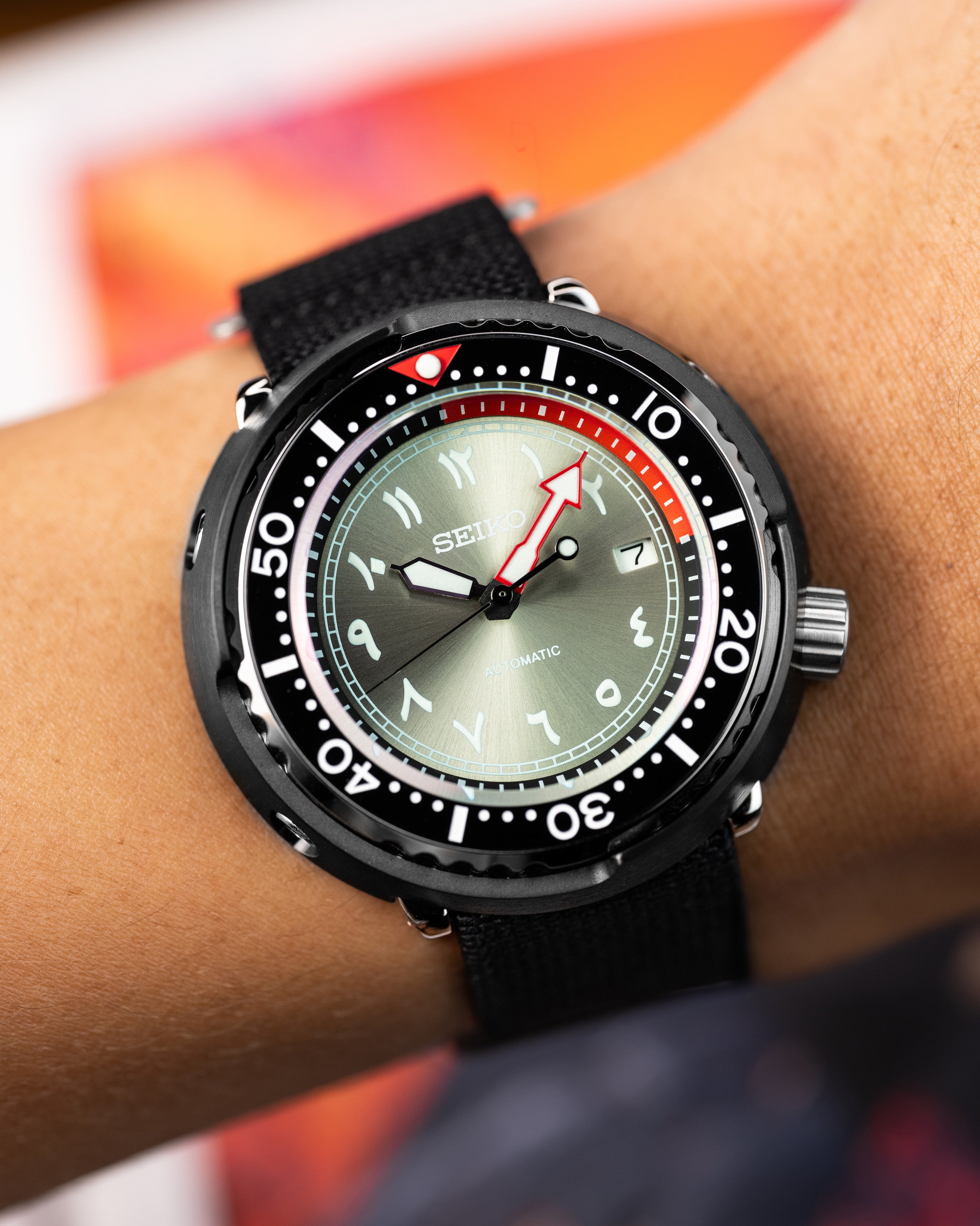 Custom Seiko Mod – Tuna Stainless Steel Case Red Details Grey Arabic Numeral Dials Black Rubber Strap2