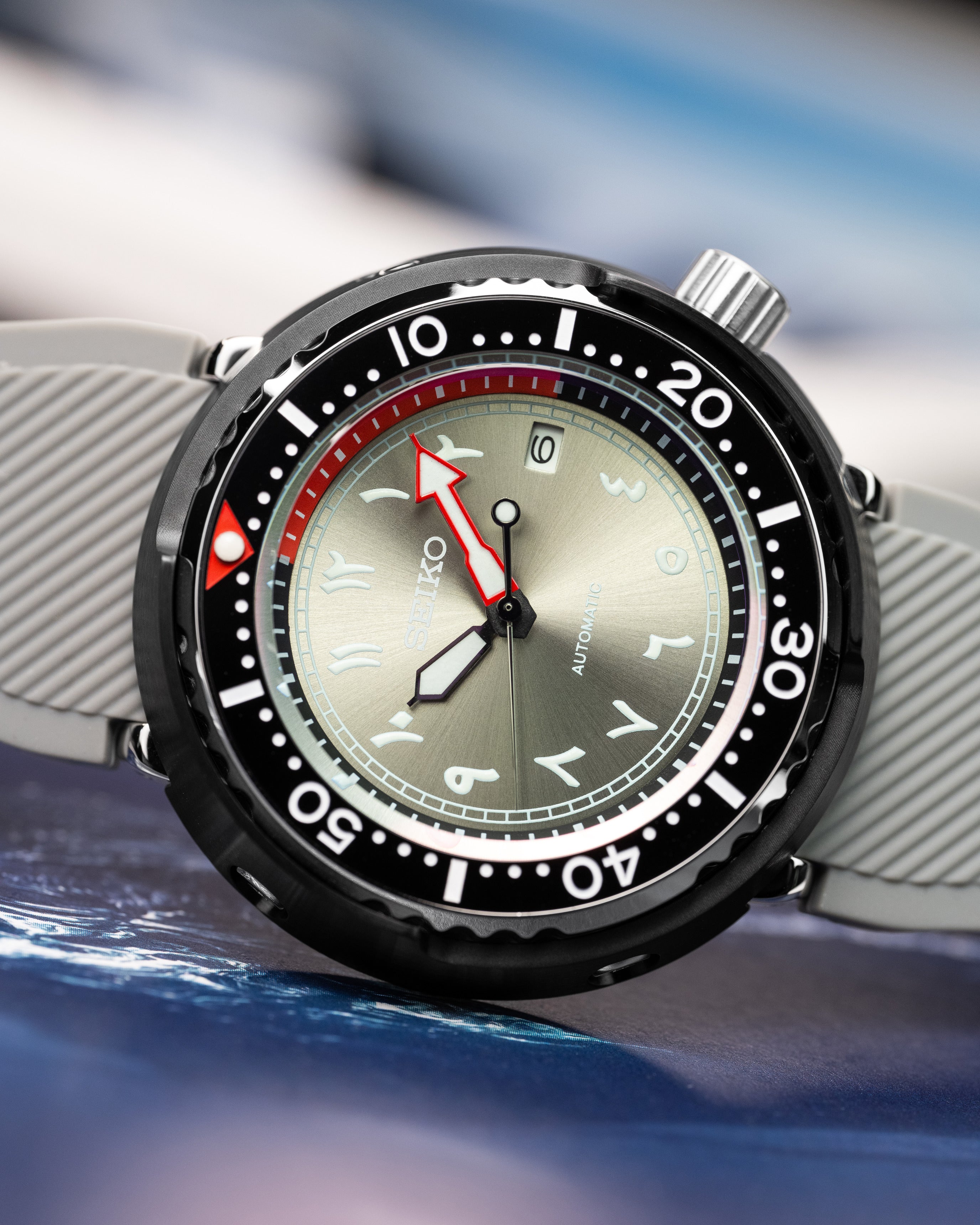 Custom Seiko Mod – Tuna Stainless Steel Case Red Details Grey Arabic Numeral Dials Black Rubber Strap9