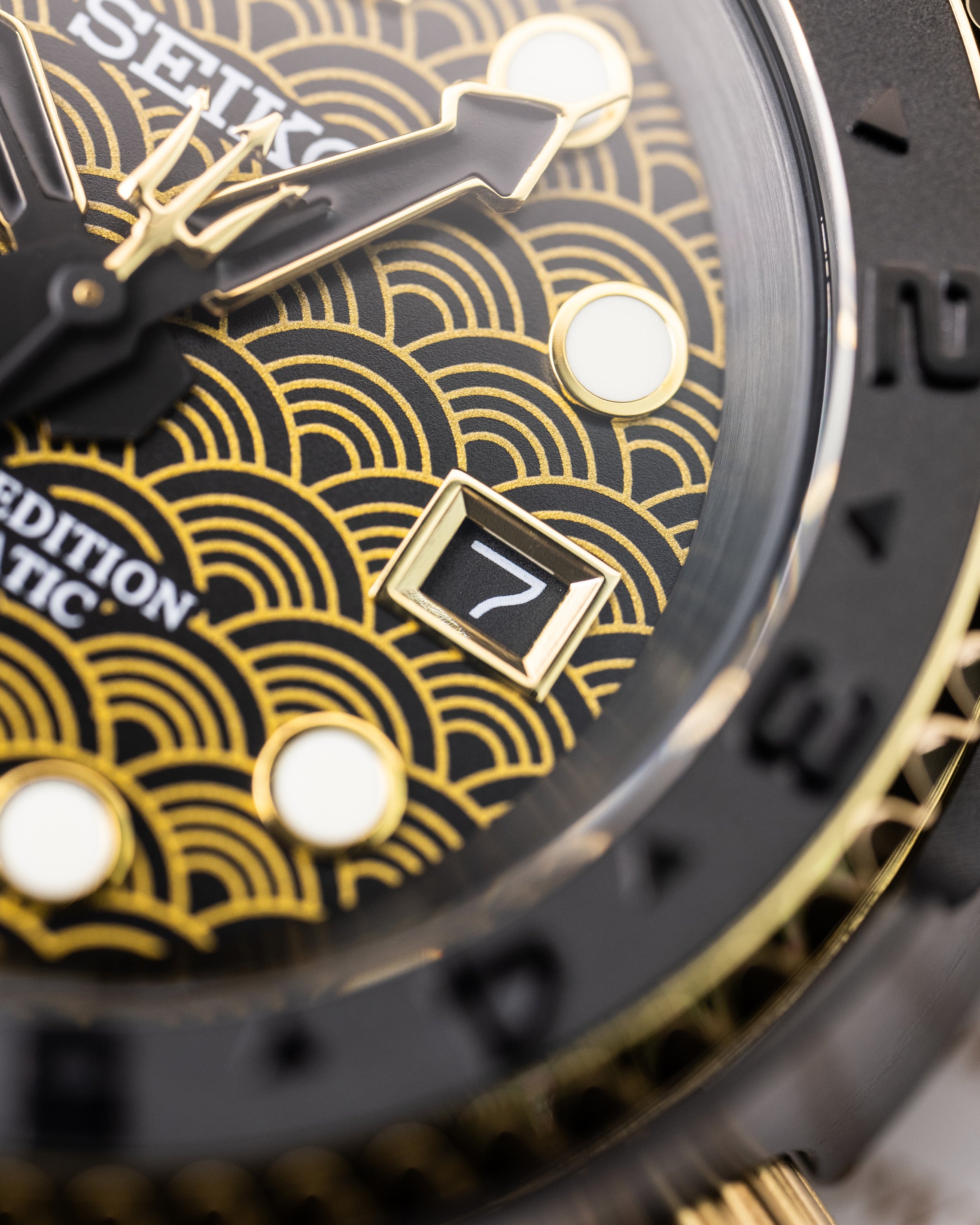 Custom Seiko Mod – Tuna Watch With Black And Gold Seigaiha Wave Pattern Dial Black Bezel Gold Poseidon Trident Seconds Hand Black Rubber Strap15