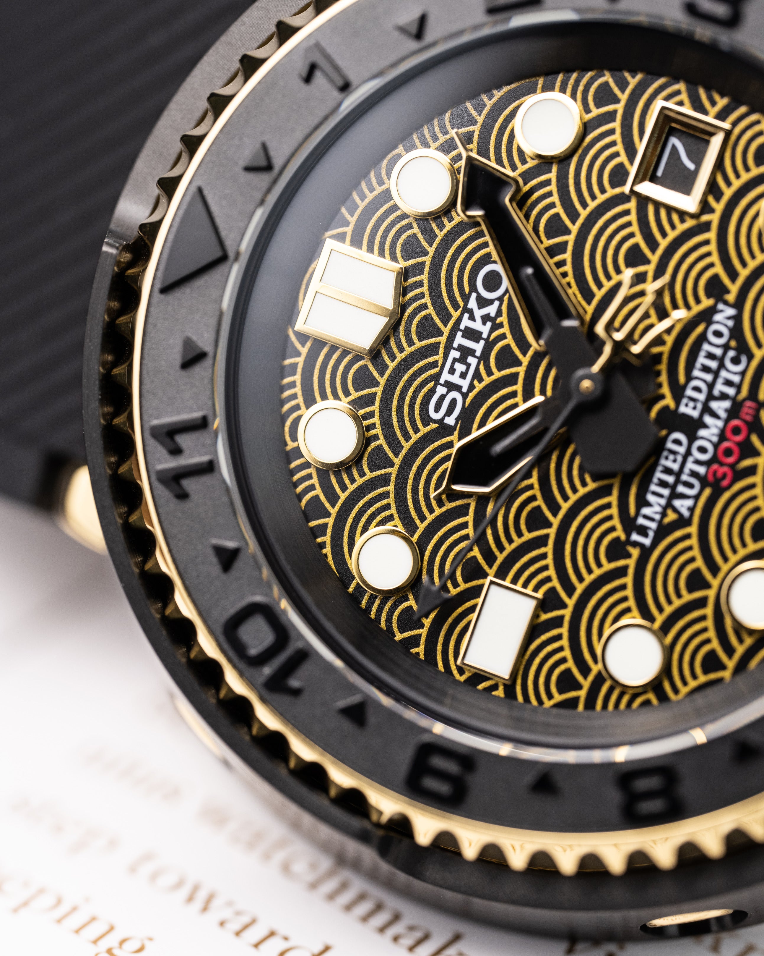 Custom Seiko Mod – Tuna Watch With Black And Gold Seigaiha Wave Pattern Dial Black Bezel Gold Poseidon Trident Seconds Hand Black Rubber Strap17