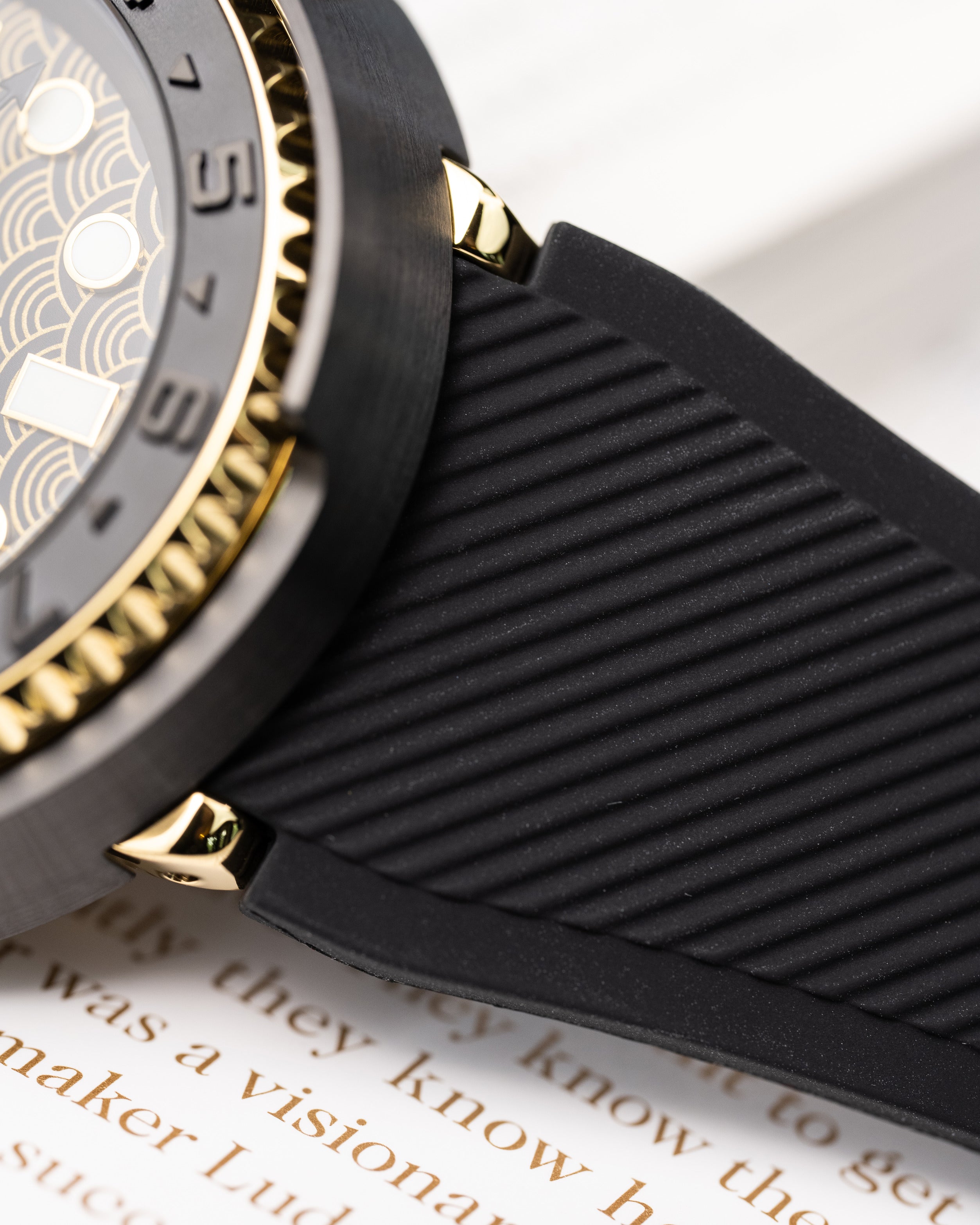 Custom Seiko Mod – Tuna Watch With Black And Gold Seigaiha Wave Pattern Dial Black Bezel Gold Poseidon Trident Seconds Hand Black Rubber Strap19