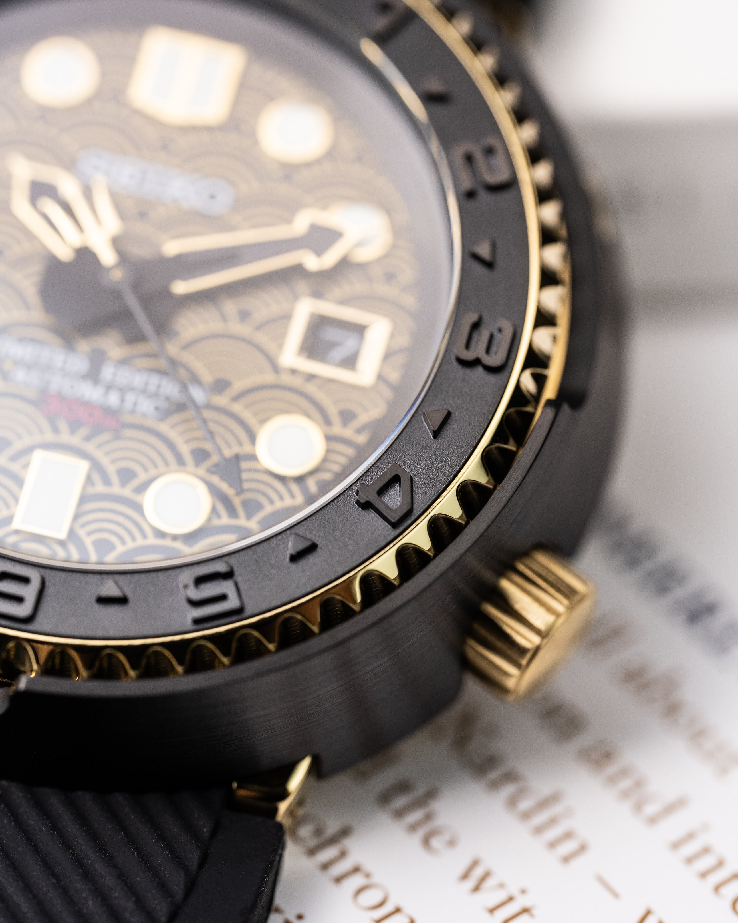 Custom Seiko Mod – Tuna Watch With Black And Gold Seigaiha Wave Pattern Dial Black Bezel Gold Poseidon Trident Seconds Hand Black Rubber Strap9