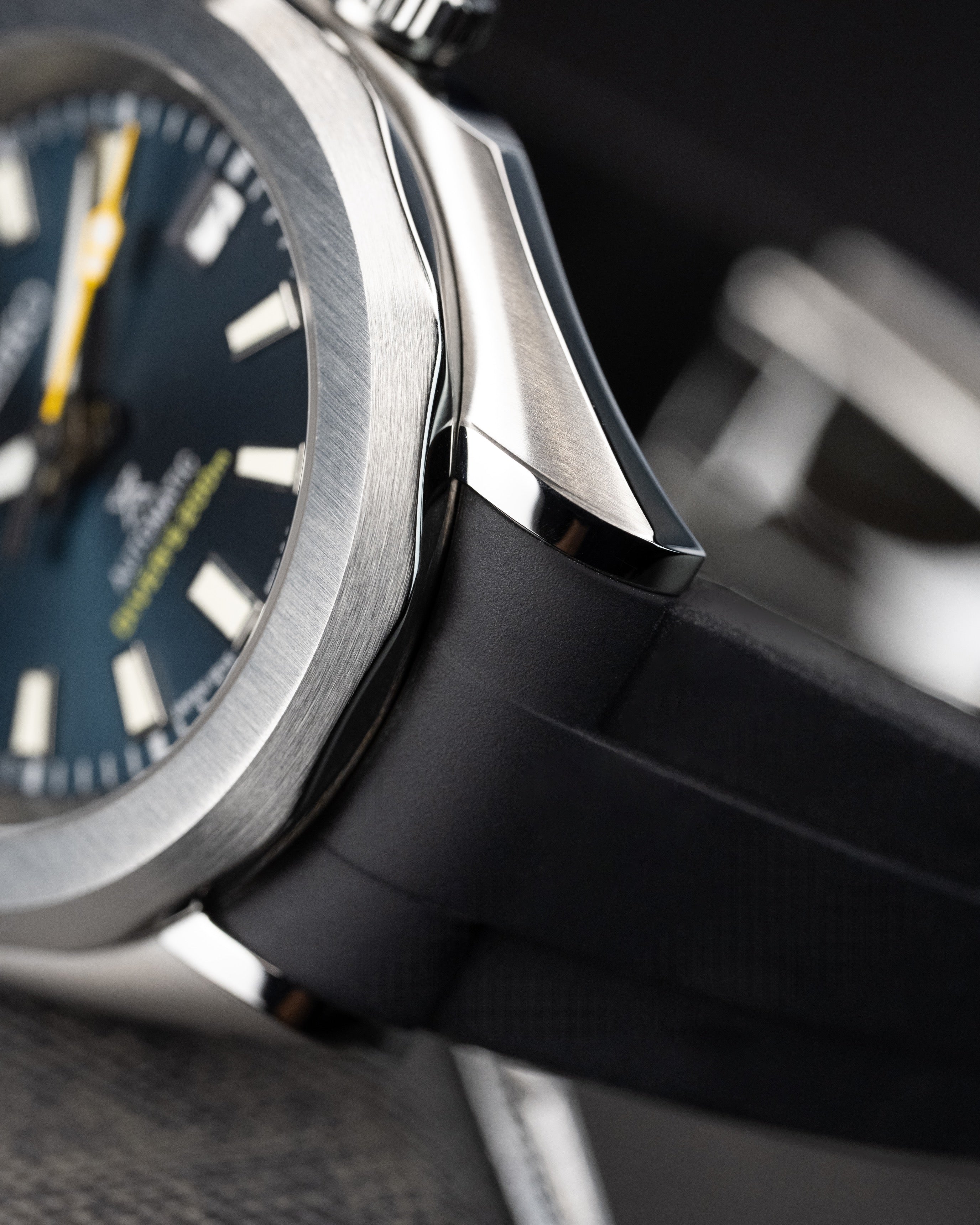 Custom Seiko Mod – Watch With Brushed Case Gradient Blue Dial Yellow Seconds Hand Custom Wheel Rim Exhibition See Through Caseback And Black Rubber Strap