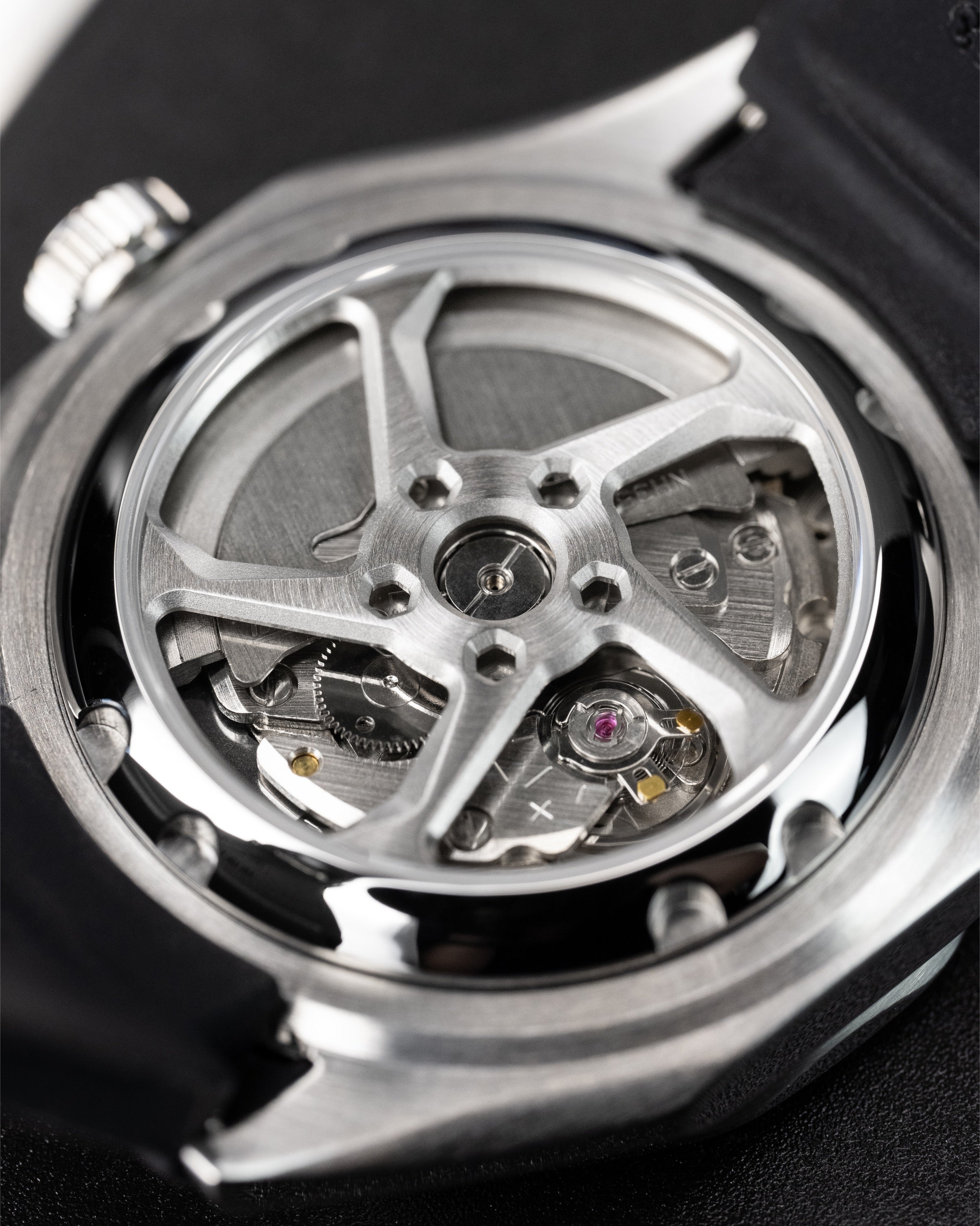 Custom Seiko Mod – Watch With Brushed Case Gradient Blue Dial Yellow Seconds Hand Custom Wheel Rim Exhibition See Through Caseback And Black Rubber Strap