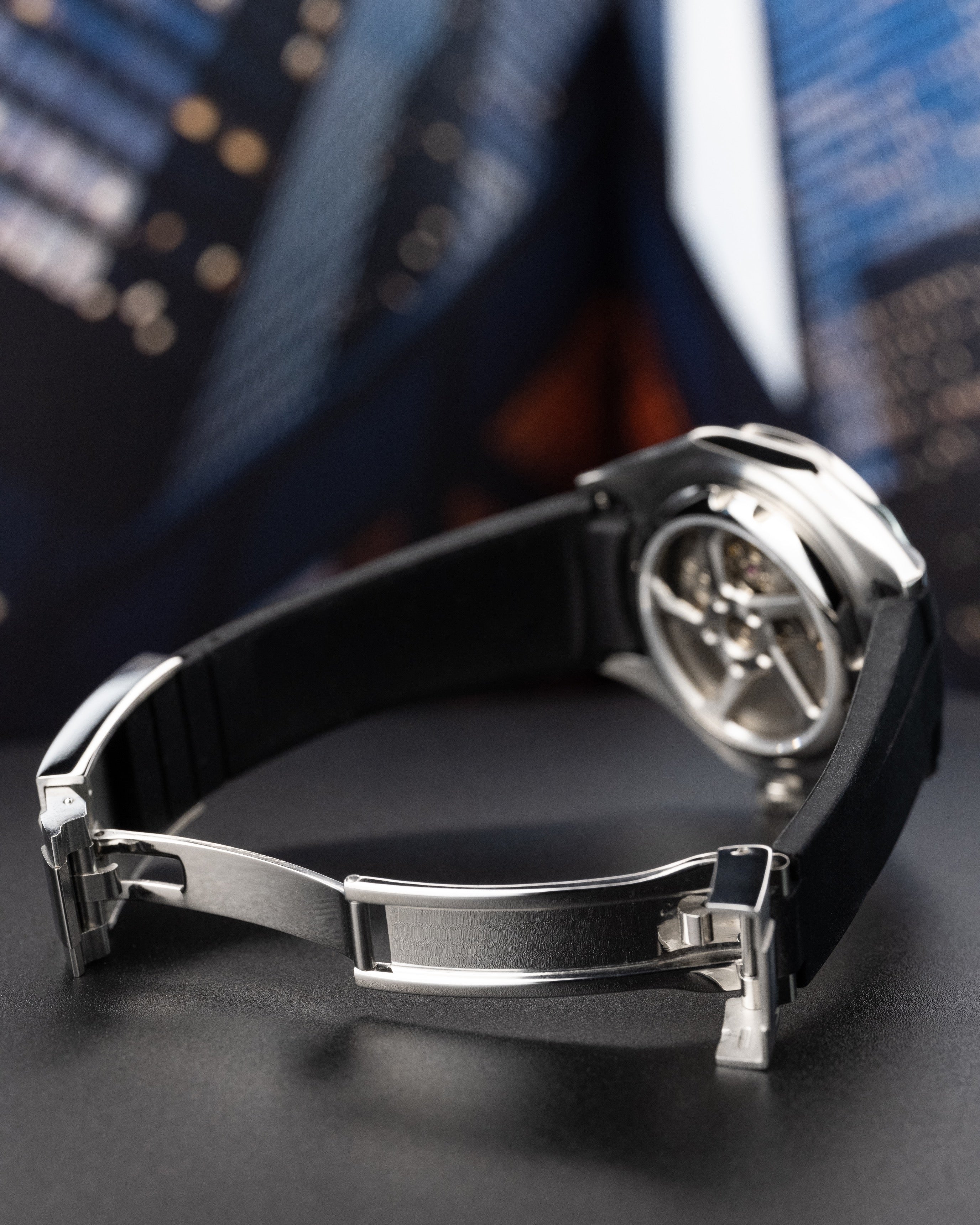 Custom Seiko Mod – Watch With Brushed Case Gradient Blue Dial Yellow Seconds Hand Custom Wheel Rim Exhibition See Through Caseback And Black Rubber Strap