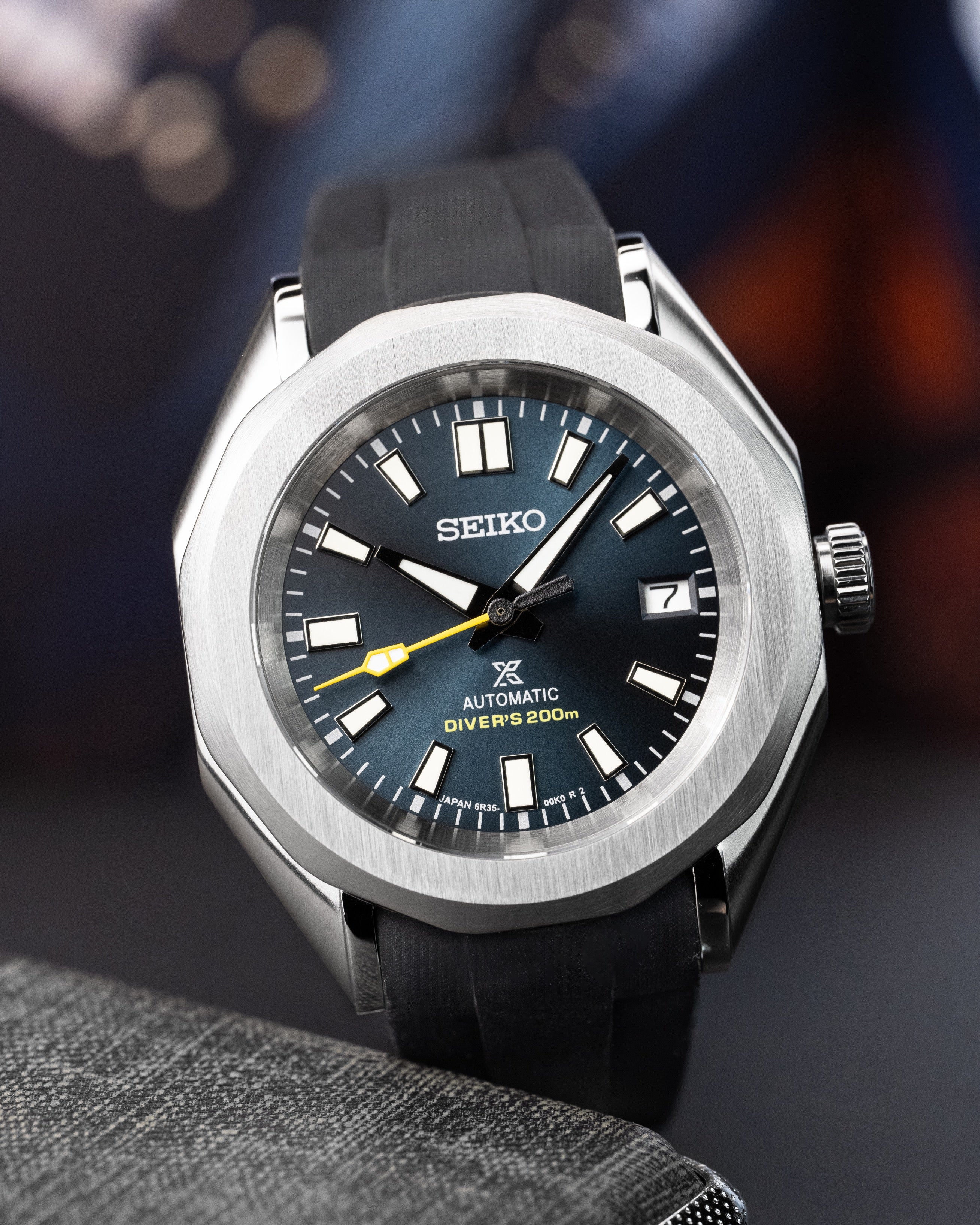 Custom Seiko Mod – Watch With Brushed Case Gradient Blue Dial Yellow Seconds Hand Custom Wheel Rim Exhibition See Through Caseback And Black Rubber Strap