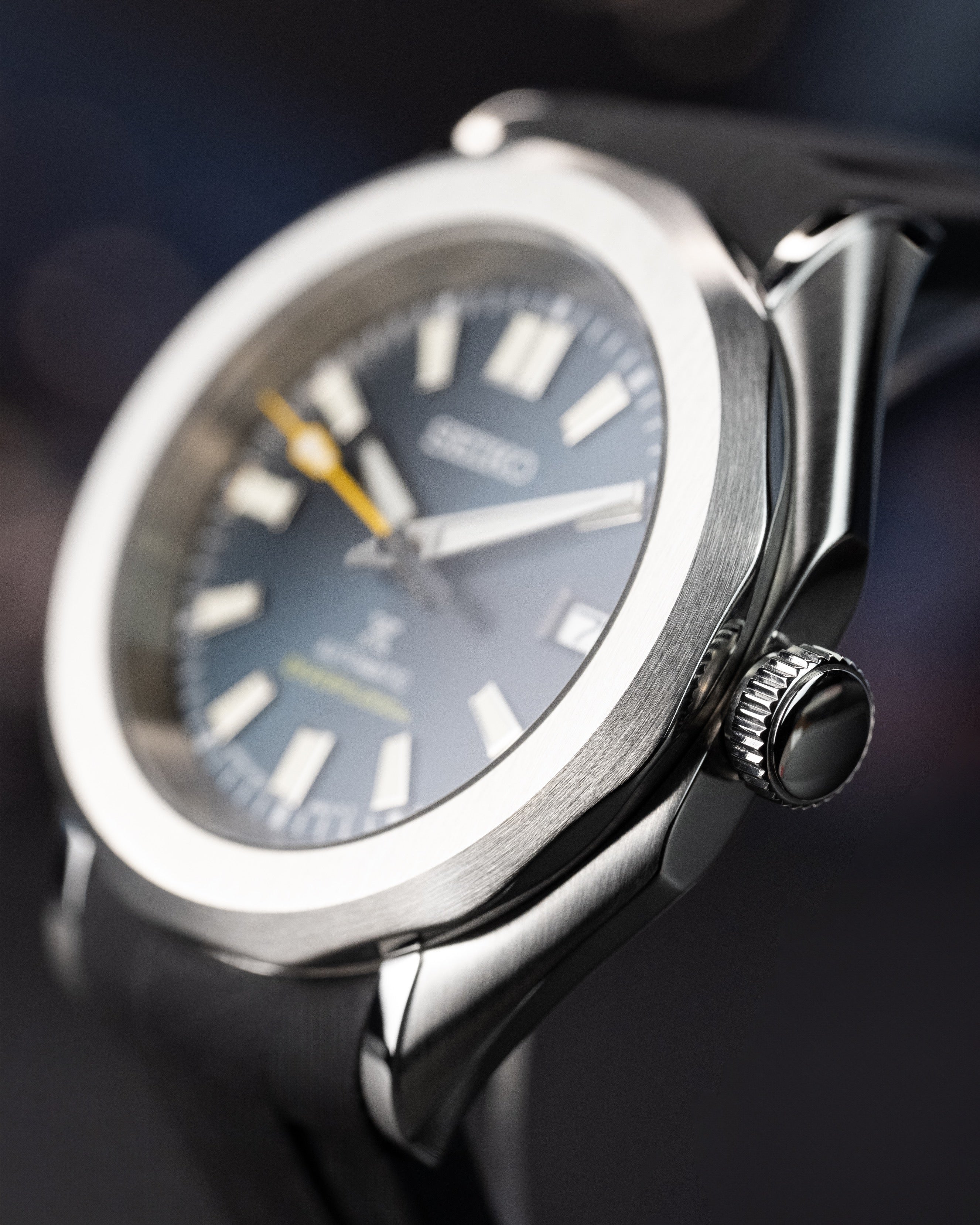 Custom Seiko Mod – Watch With Brushed Case Gradient Blue Dial Yellow Seconds Hand Custom Wheel Rim Exhibition See Through Caseback And Black Rubber Strap
