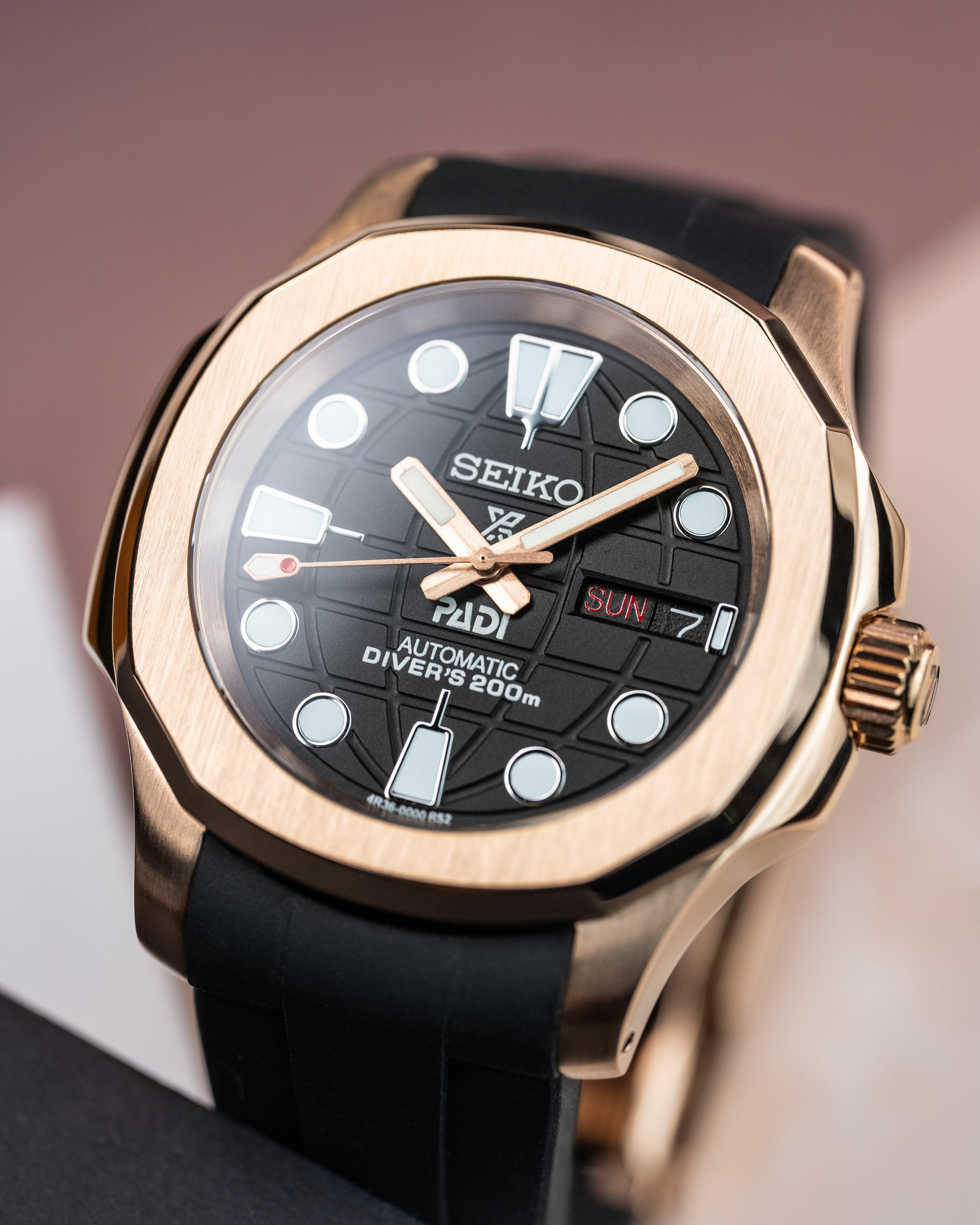 Custom Seiko Mod – Watch With Rose Gold Nautilus Case Black Globe Padidial Black Rubber Strap6