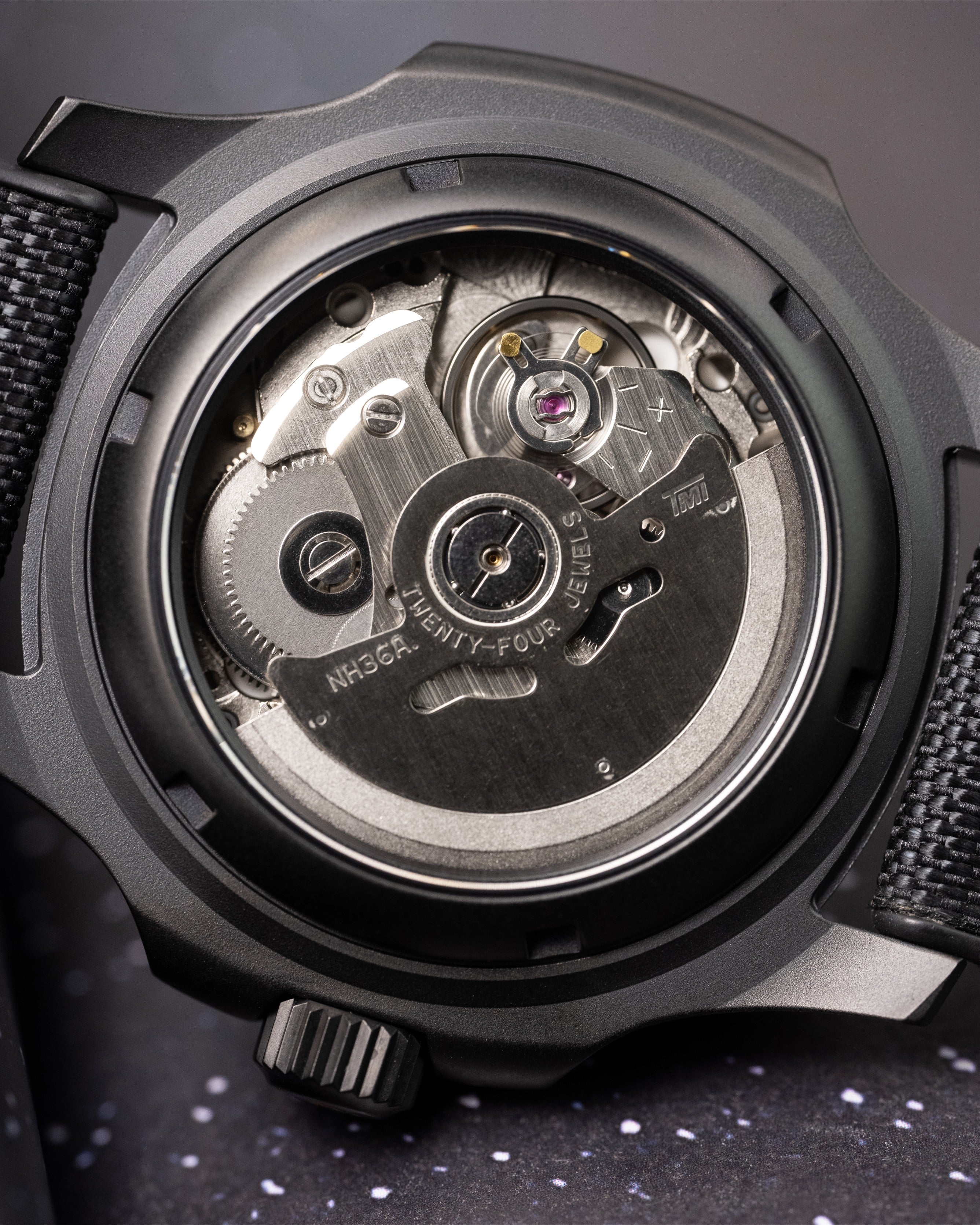 Custom Seiko Mod – With Blackout Nautilus Case Black Camo Textured Dial Orange Seconds Hand Orange S Crown Black Canvas Strap
