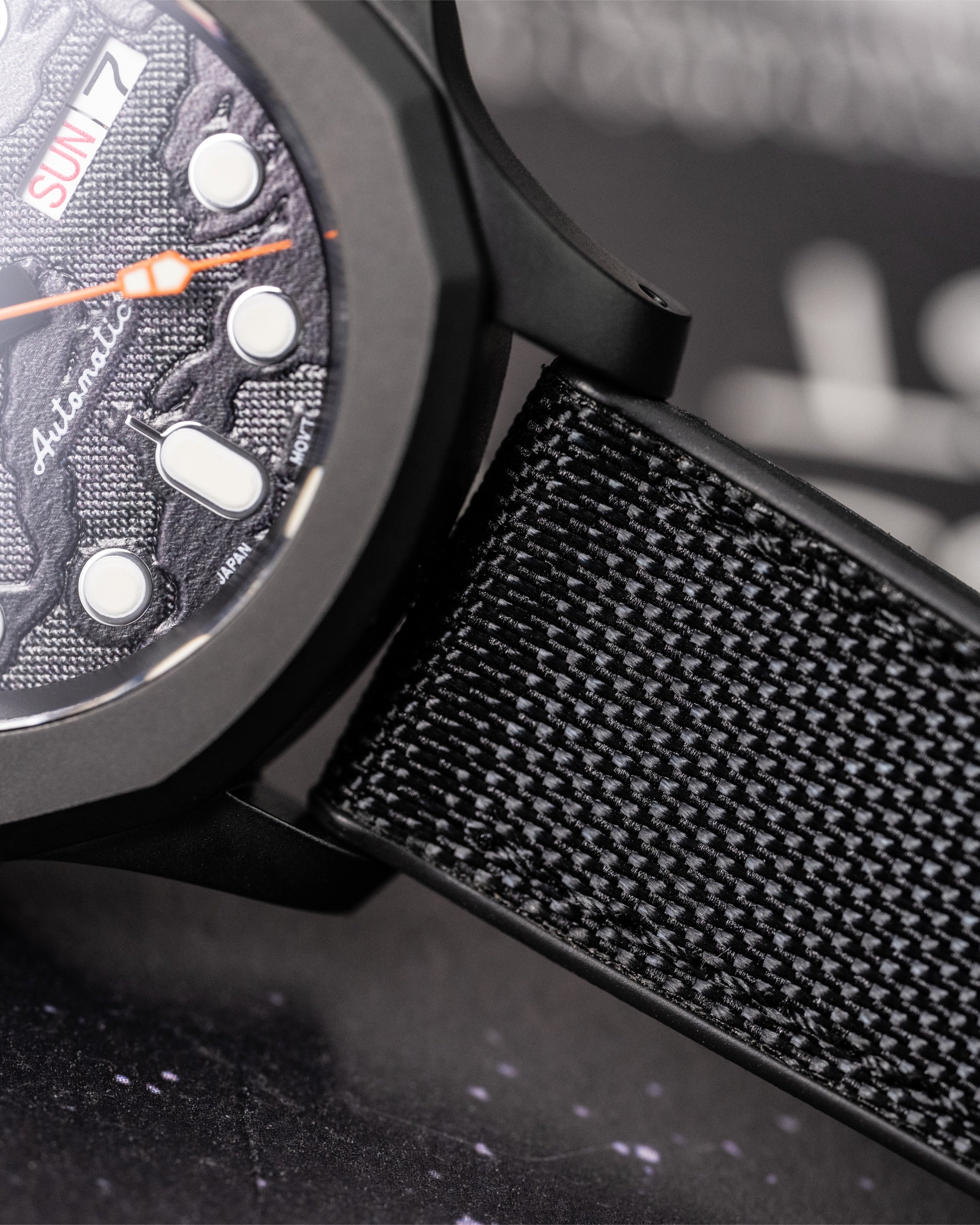 Custom Seiko Mod – With Blackout Nautilus Case Black Camo Textured Dial Orange Seconds Hand Orange S Crown Black Canvas Strap