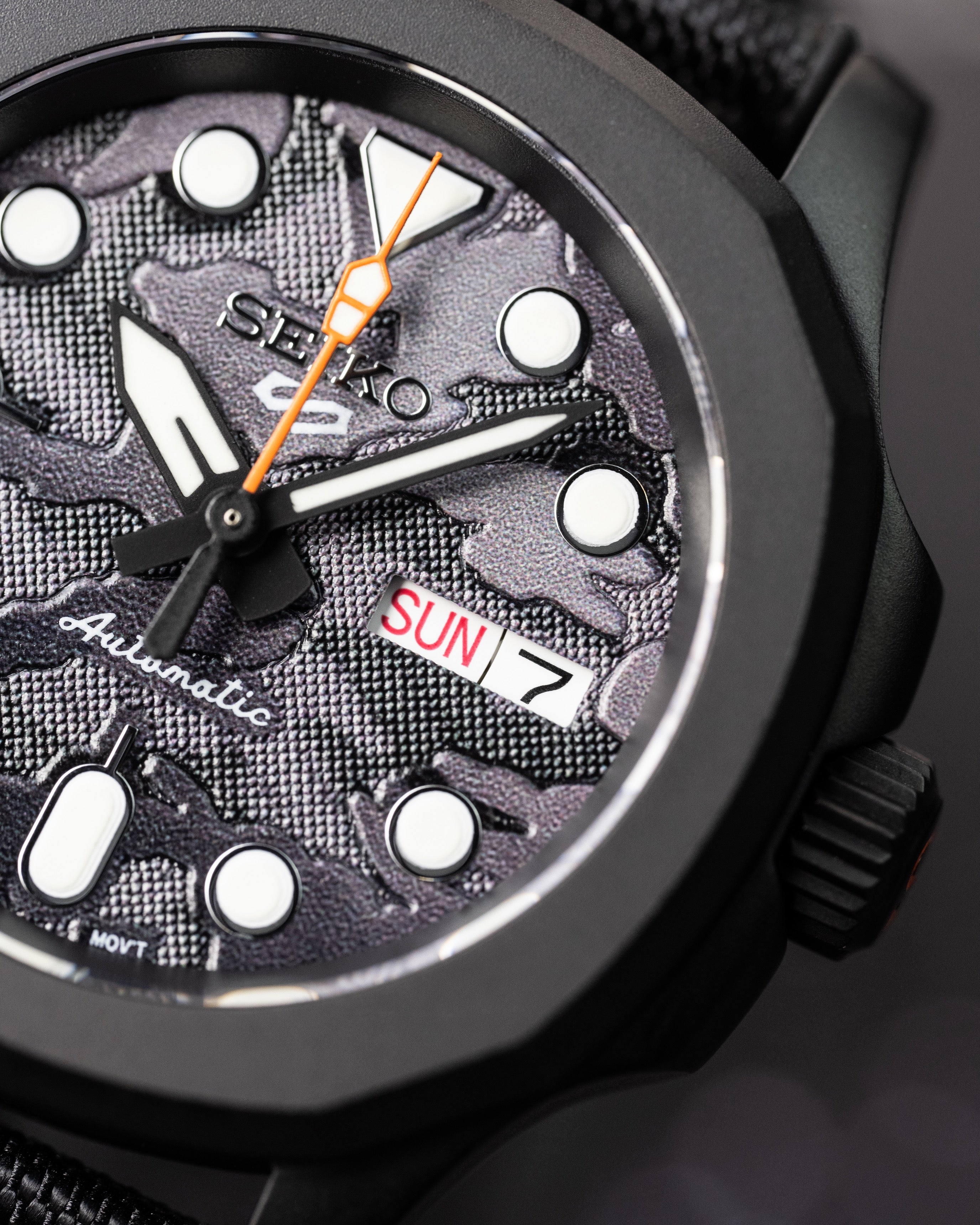 Custom Seiko Mod – With Blackout Nautilus Case Black Camo Textured Dial Orange Seconds Hand Orange S Crown Black Nato Strap