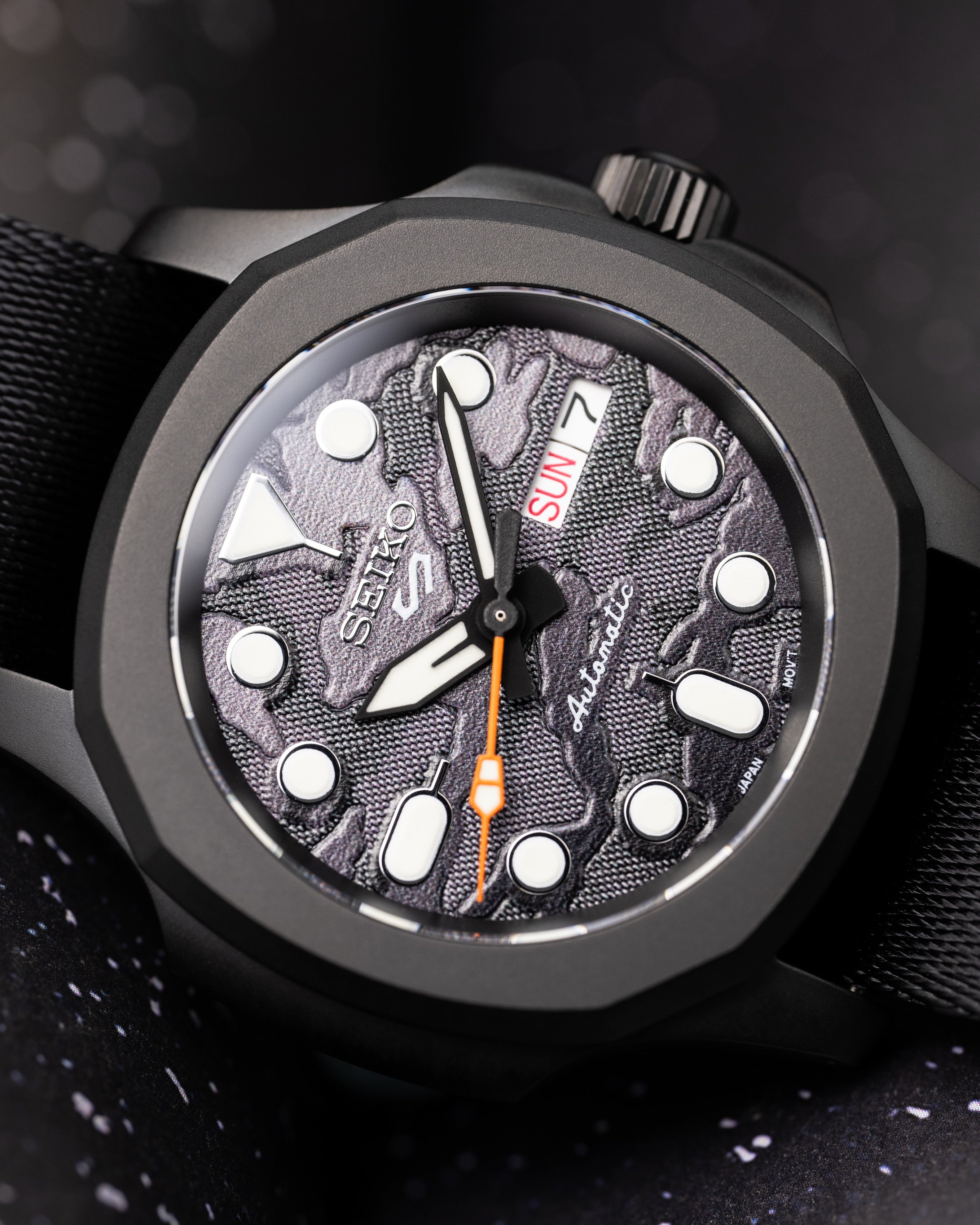 Custom Seiko Mod – With Blackout Nautilus Case Black Camo Textured Dial Orange Seconds Hand Orange S Crown Black Nato Strap