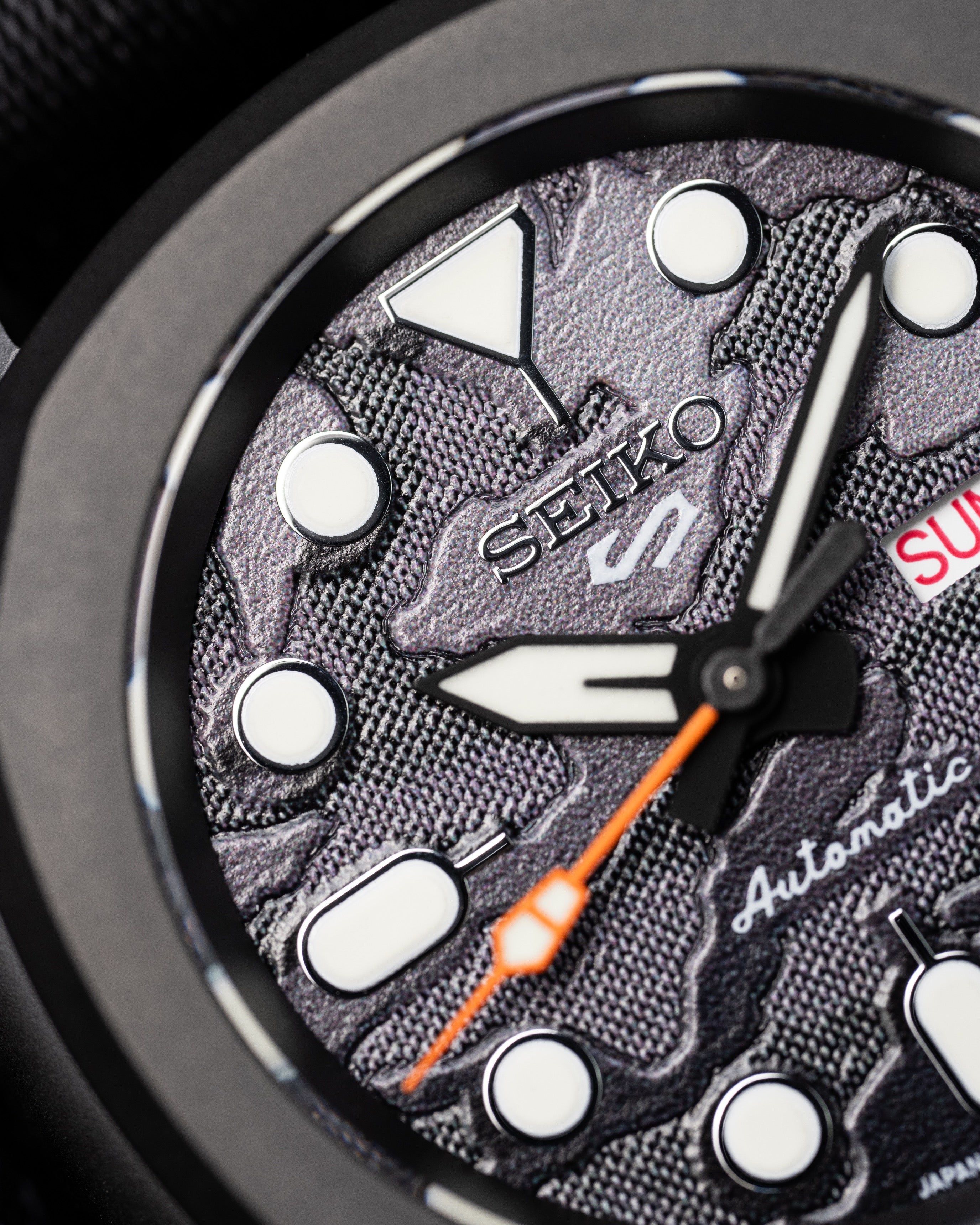 Custom Seiko Mod – With Blackout Nautilus Case Black Camo Textured Dial Orange Seconds Hand Orange S Crown Black Nato Strap