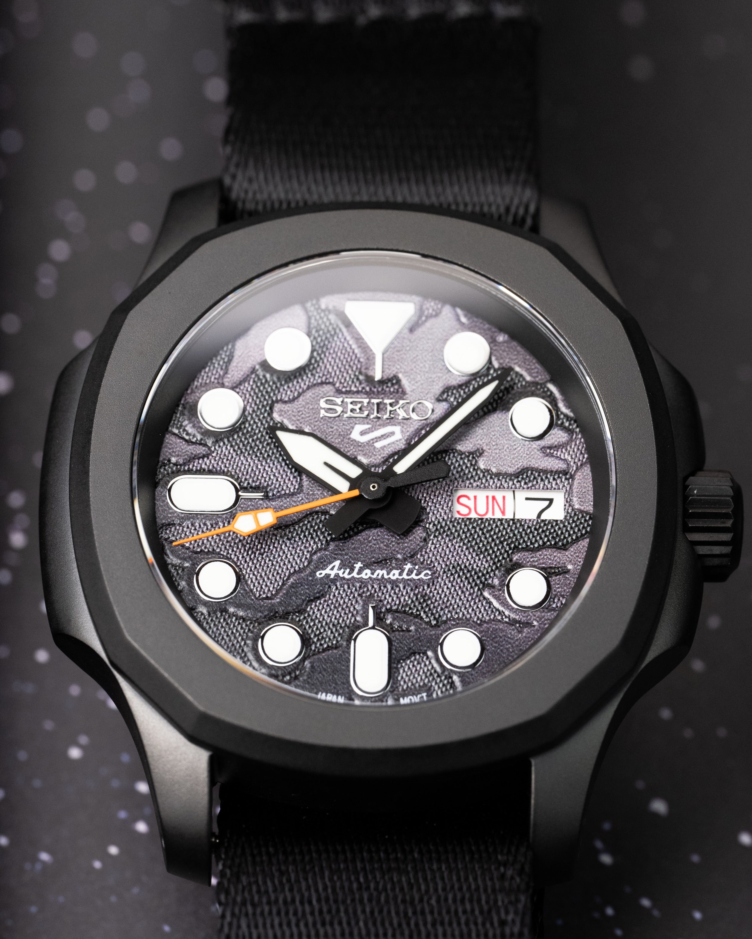 Custom Seiko Mod – With Blackout Nautilus Case Black Camo Textured Dial Orange Seconds Hand Orange S Crown Black Nato Strap