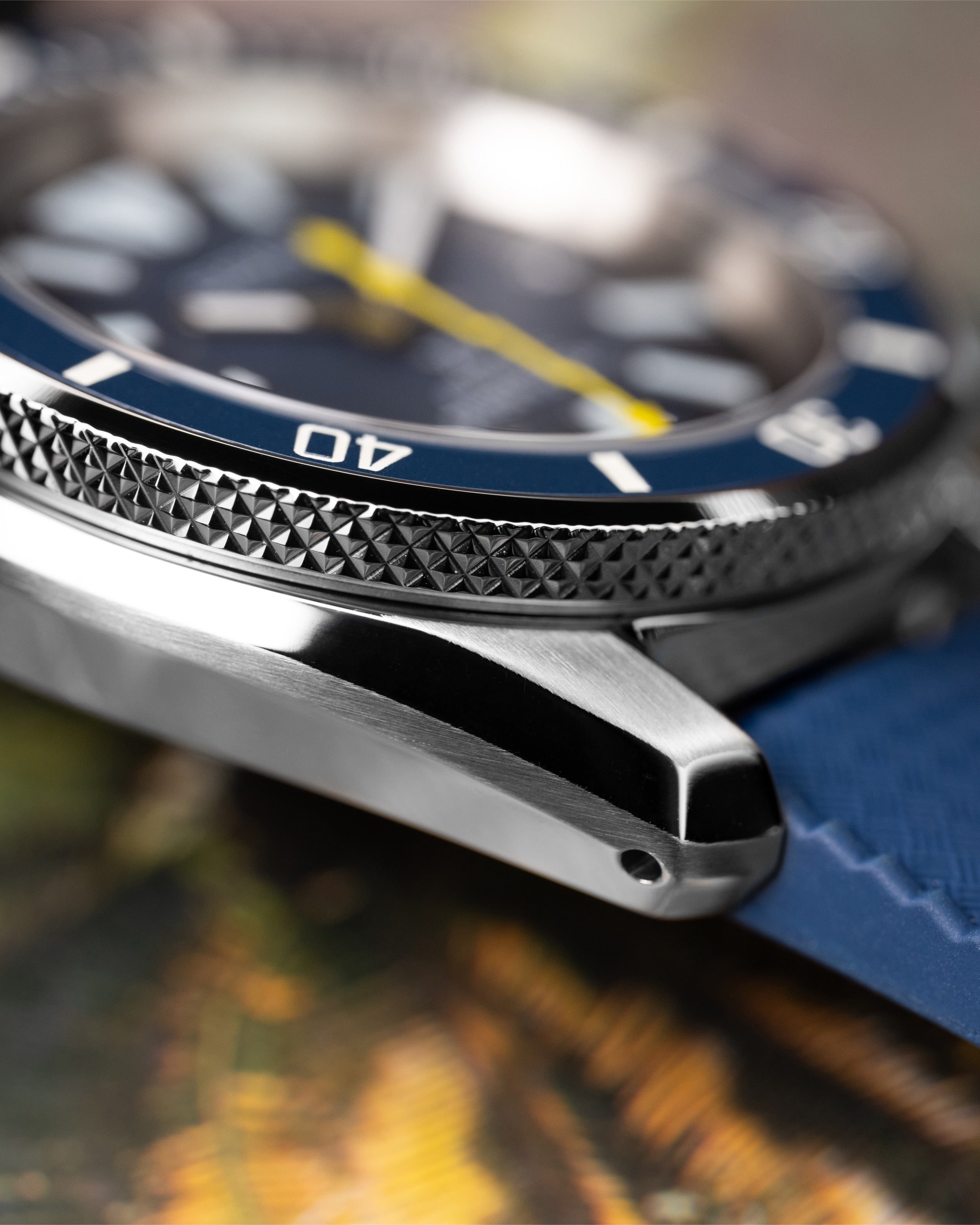 Custom Seiko Mod – With Textured Ocean Navy Blue Samurai Dial Lightning Yellow Seconds Hand Blue Tropic Rubber Strap Stainless Steel MM300 Case