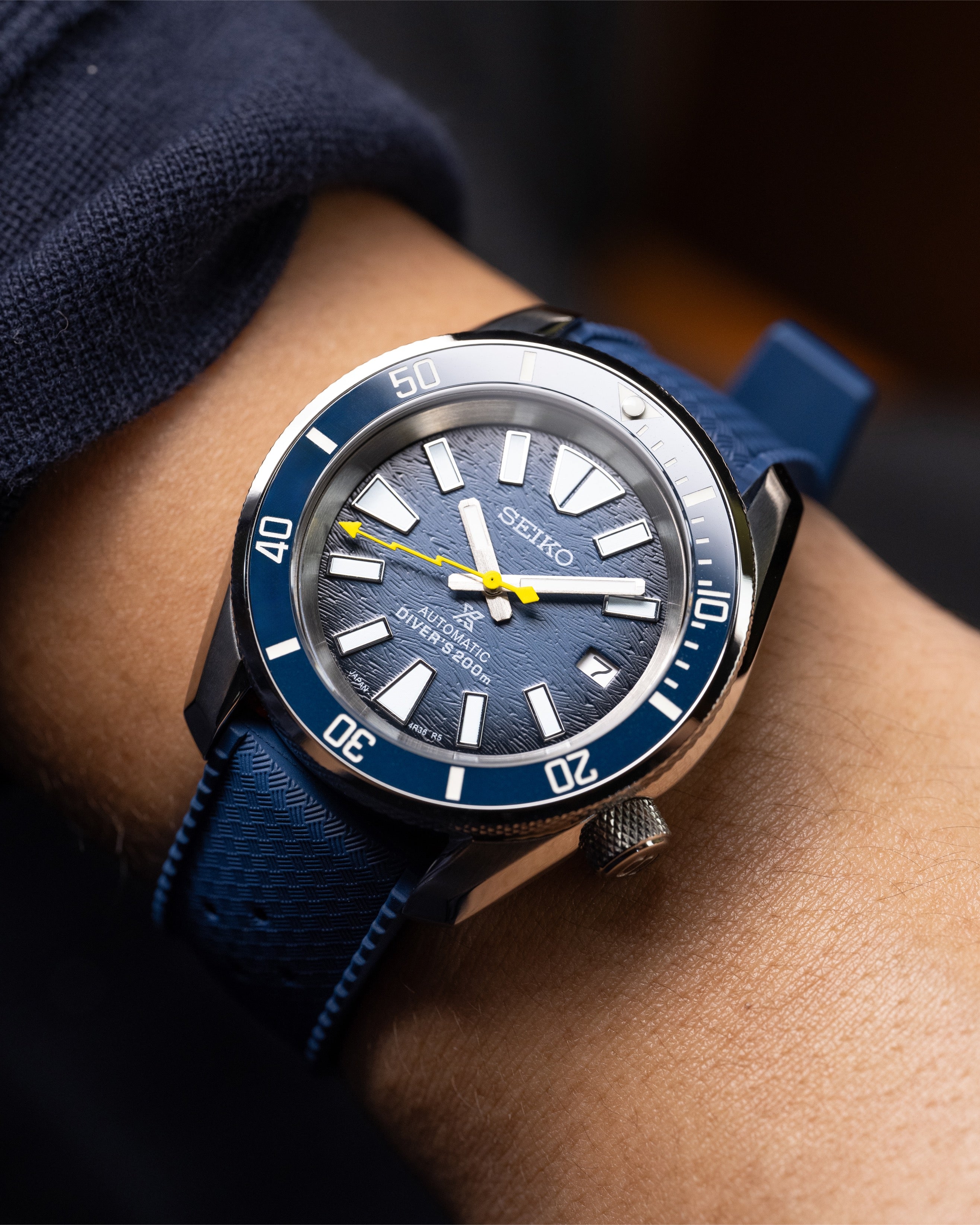 Custom Seiko Mod – With Textured Ocean Navy Blue Samurai Dial Lightning Yellow Seconds Hand Blue Tropic Rubber Strap Stainless Steel MM300 Case Wearing On Hand