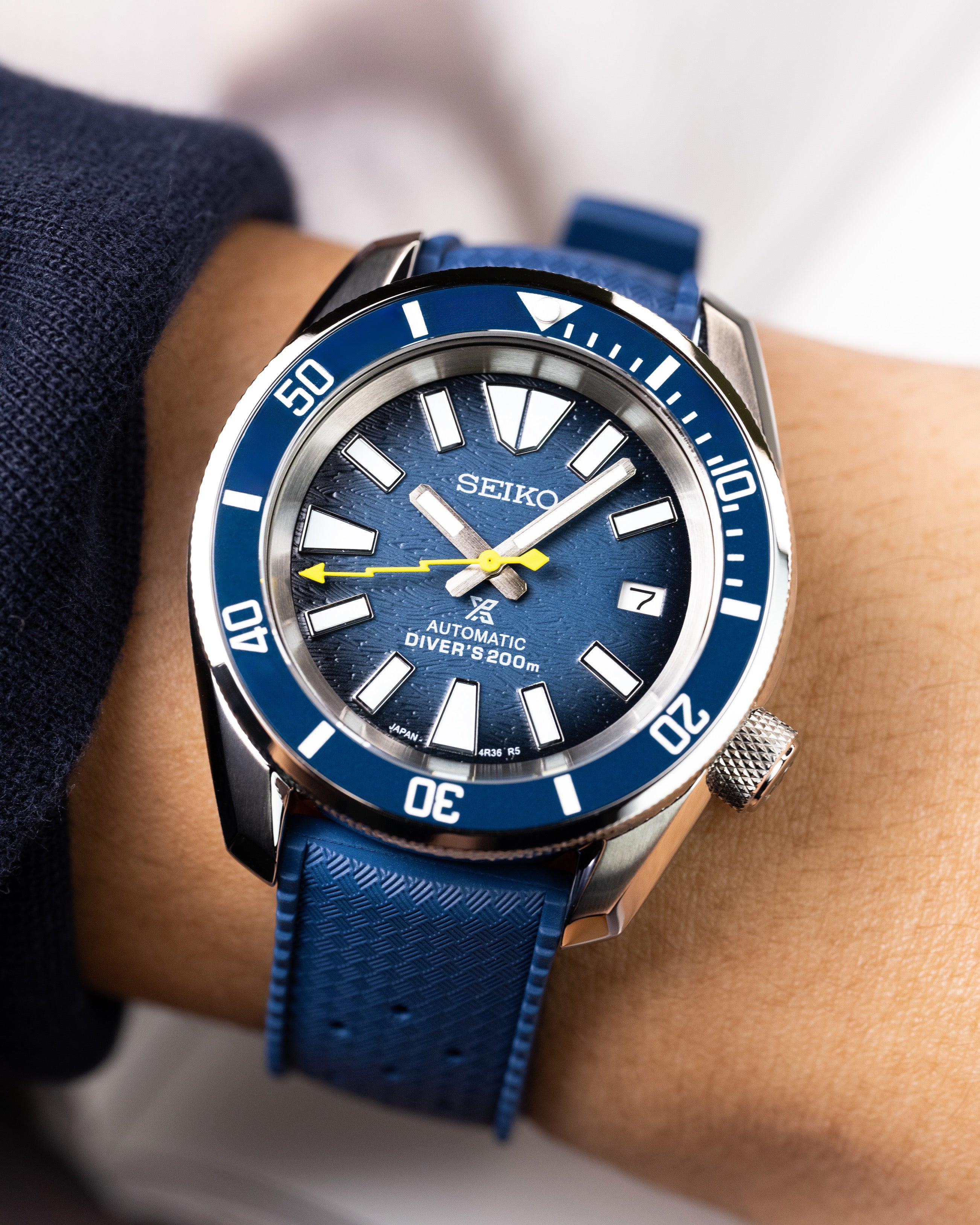 Custom Seiko Mod – With Textured Ocean Navy Blue Samurai Dial Lightning Yellow Seconds Hand Blue Tropic Rubber Strap Stainless Steel MM300 Case Wearing On Hand