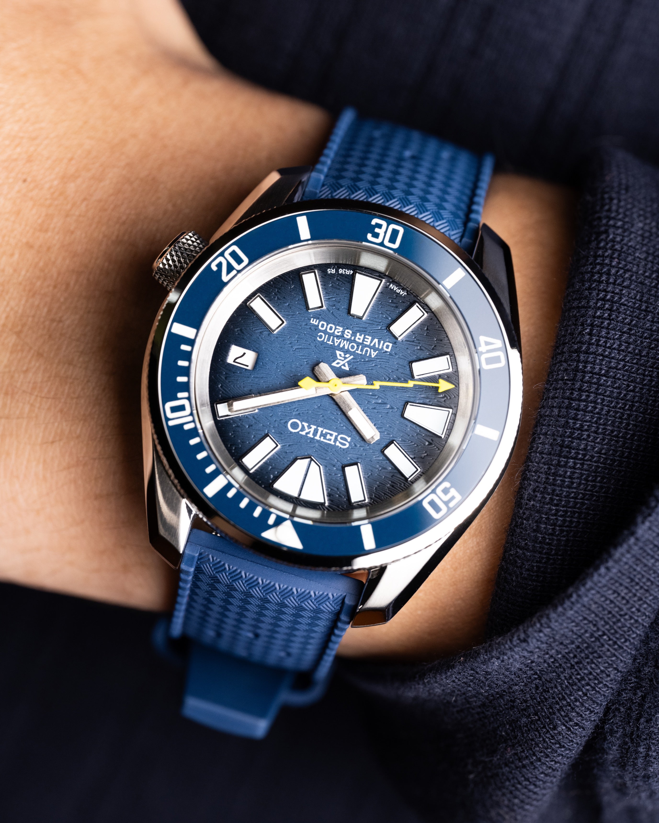 Custom Seiko Mod – With Textured Ocean Navy Blue Samurai Dial Lightning Yellow Seconds Hand Blue Tropic Rubber Strap Stainless Steel MM300 Case Wearing On Hand