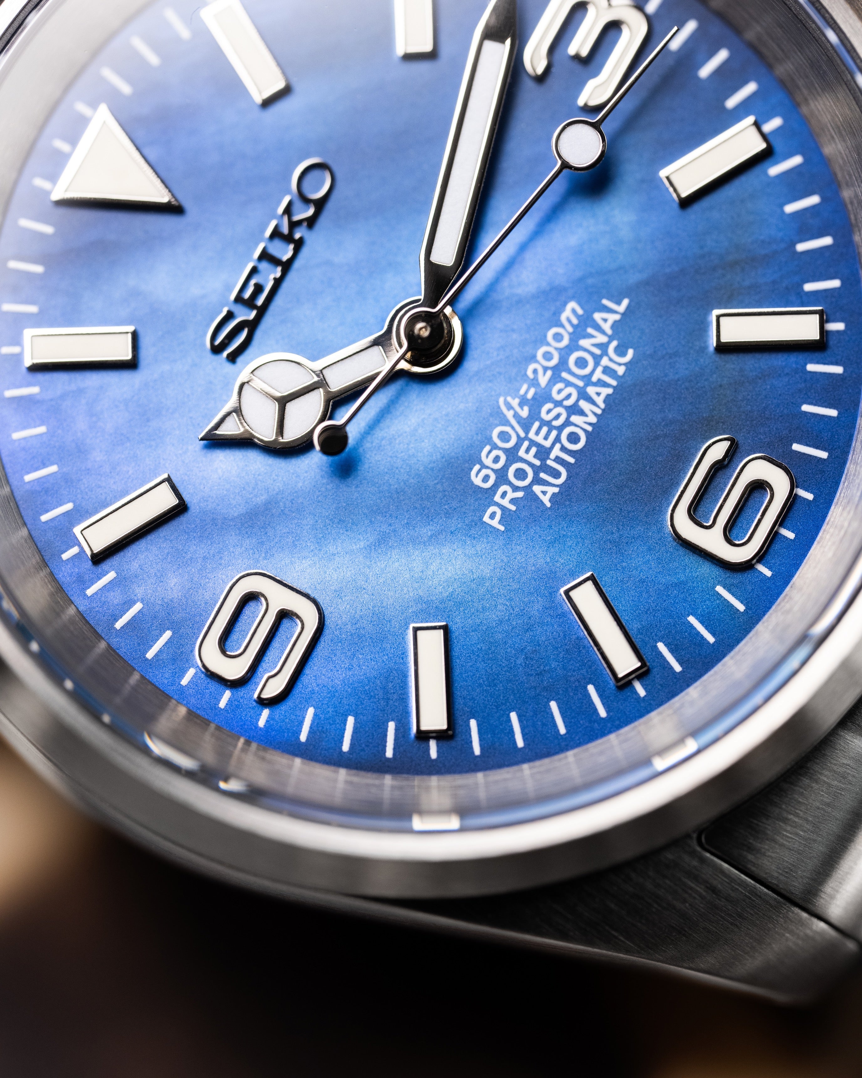 Custom Seiko Watch – Mod With Blue Mother Of Pearl Explorer Dial 36mm