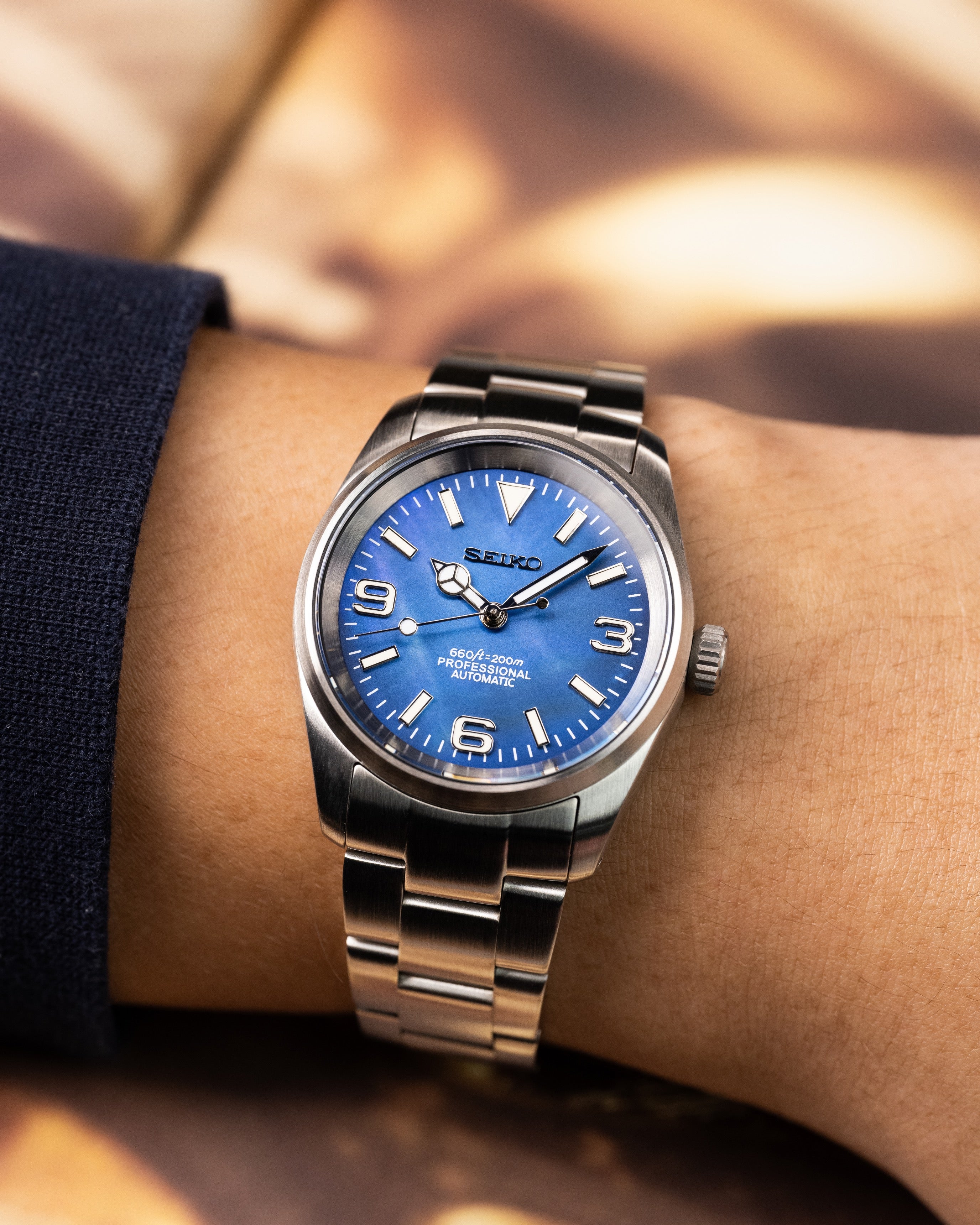 Custom Seiko Watch – Mod With Blue Mother Of Pearl Explorer Dial 36mm