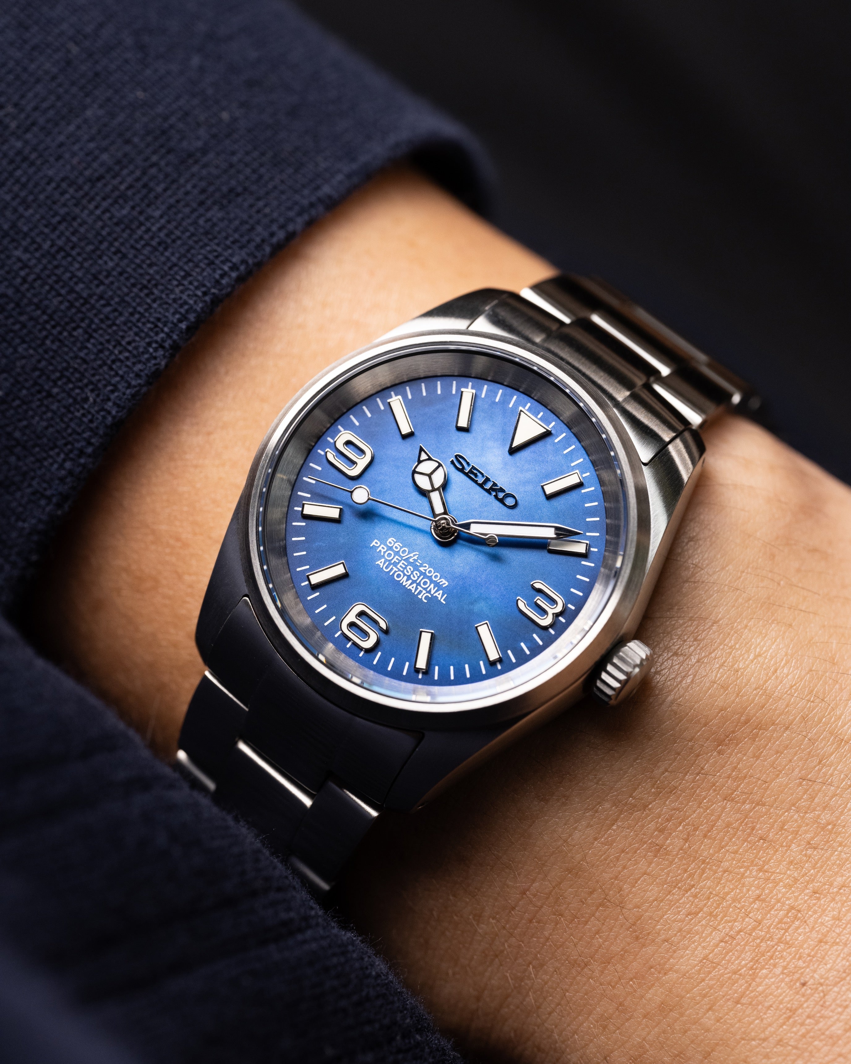 Custom Seiko Watch – Mod With Blue Mother Of Pearl Explorer Dial 36mm