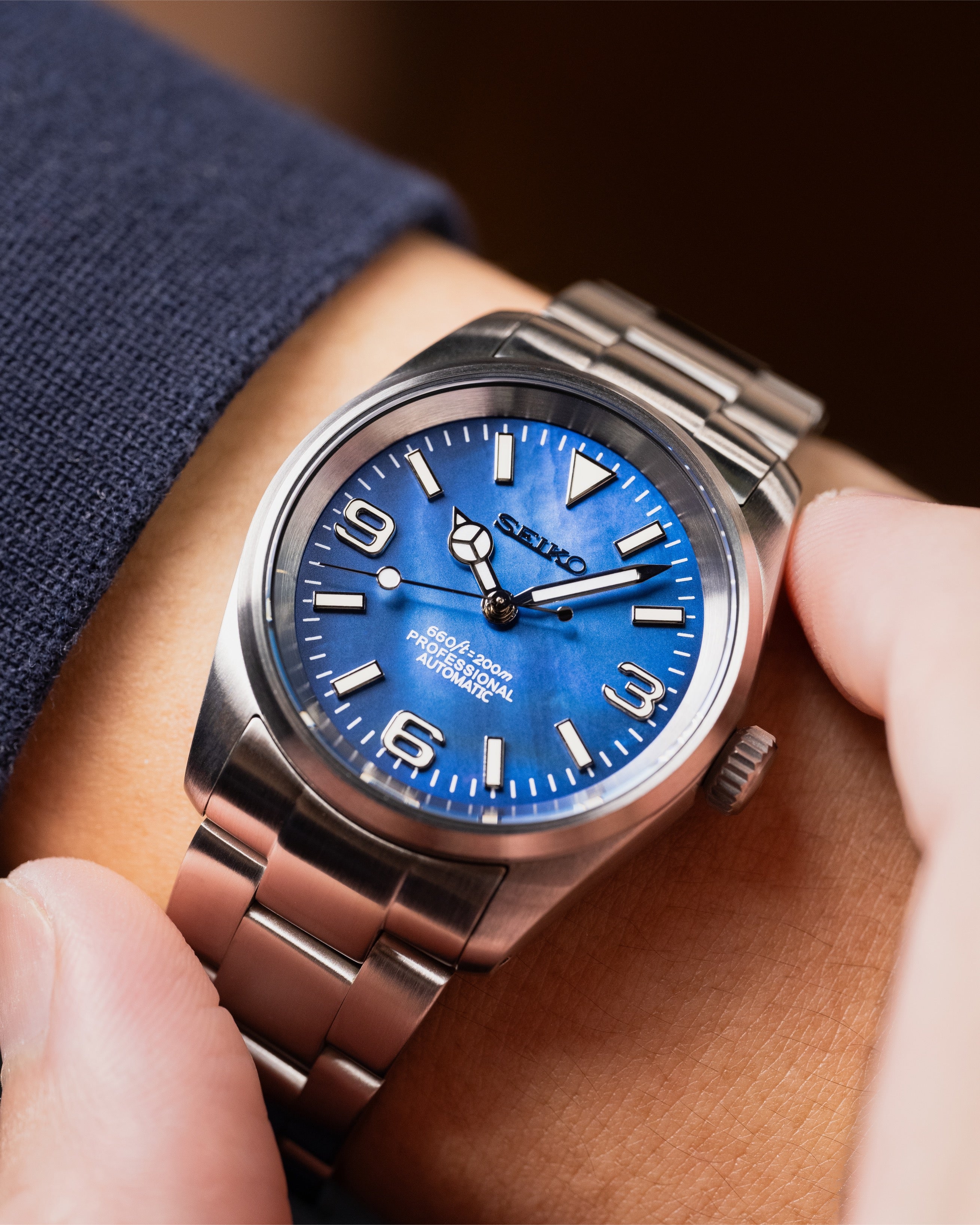 Custom Seiko Watch – Mod With Blue Mother Of Pearl Explorer Dial 36mm