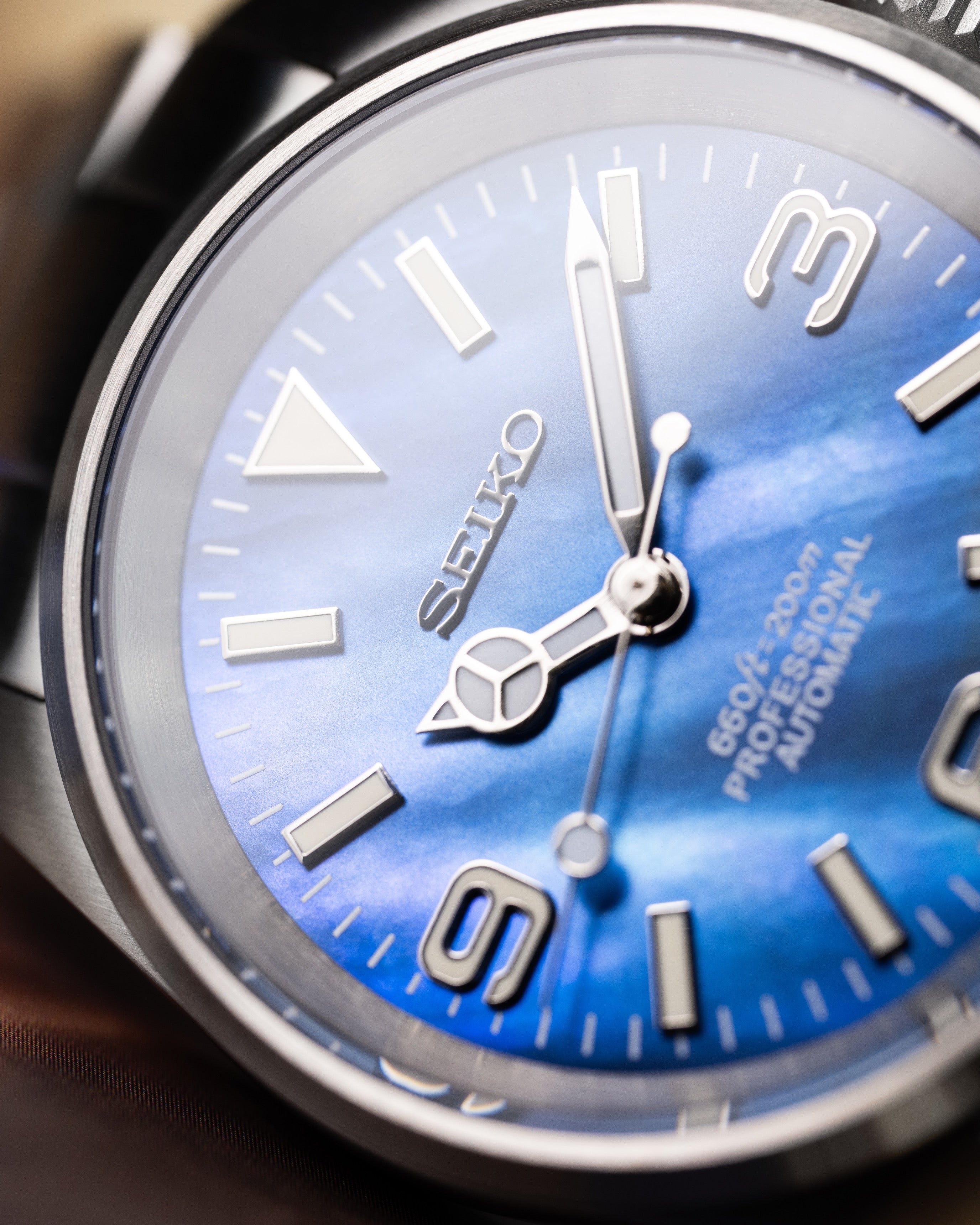 Custom Seiko Watch – Mod With Blue Mother Of Pearl Explorer Dial 36mm