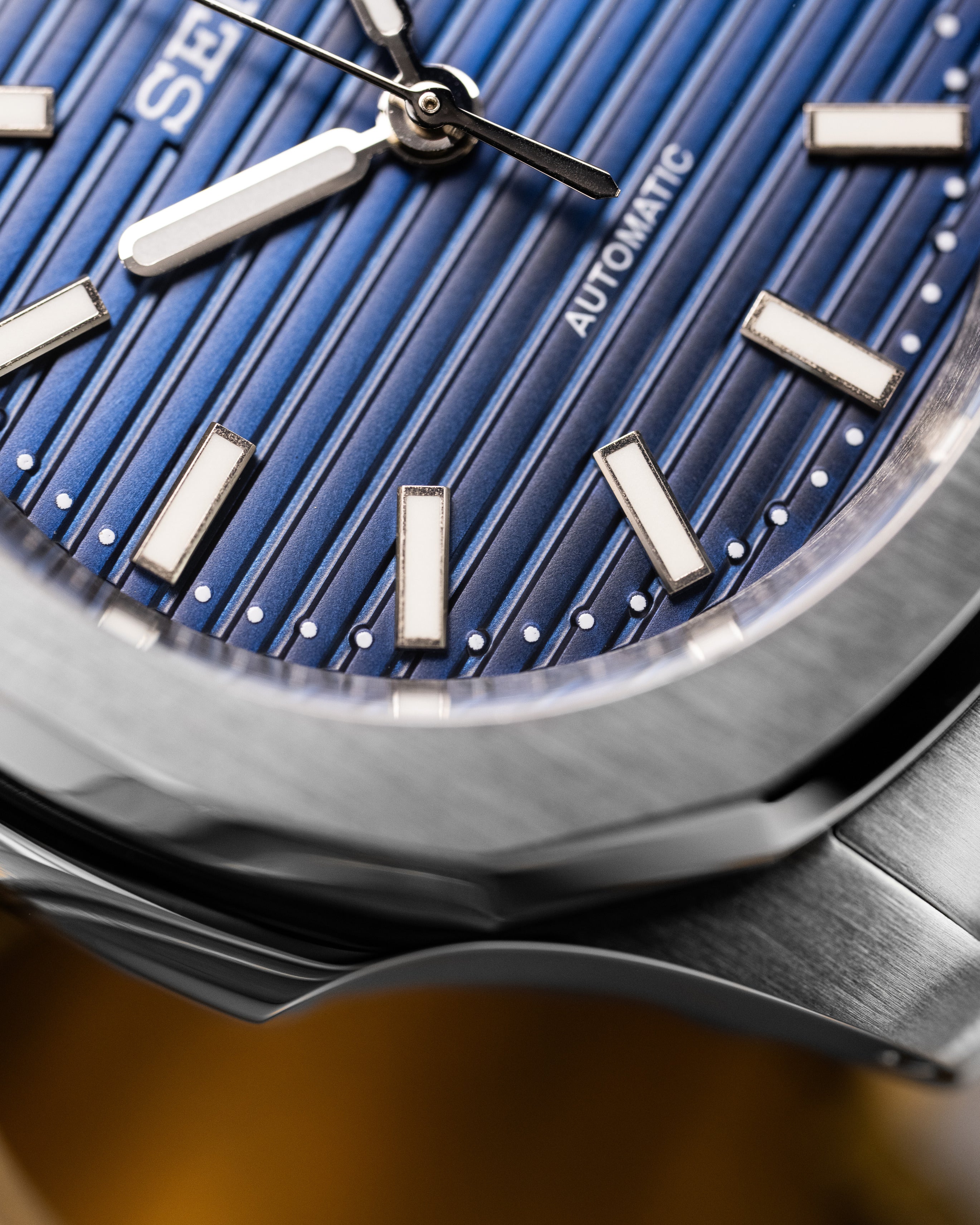Custom Seiko Mod – With Nautilus Stainless Steel Case And Bracelet Textured Blue Dial Automatic Movement Date Display