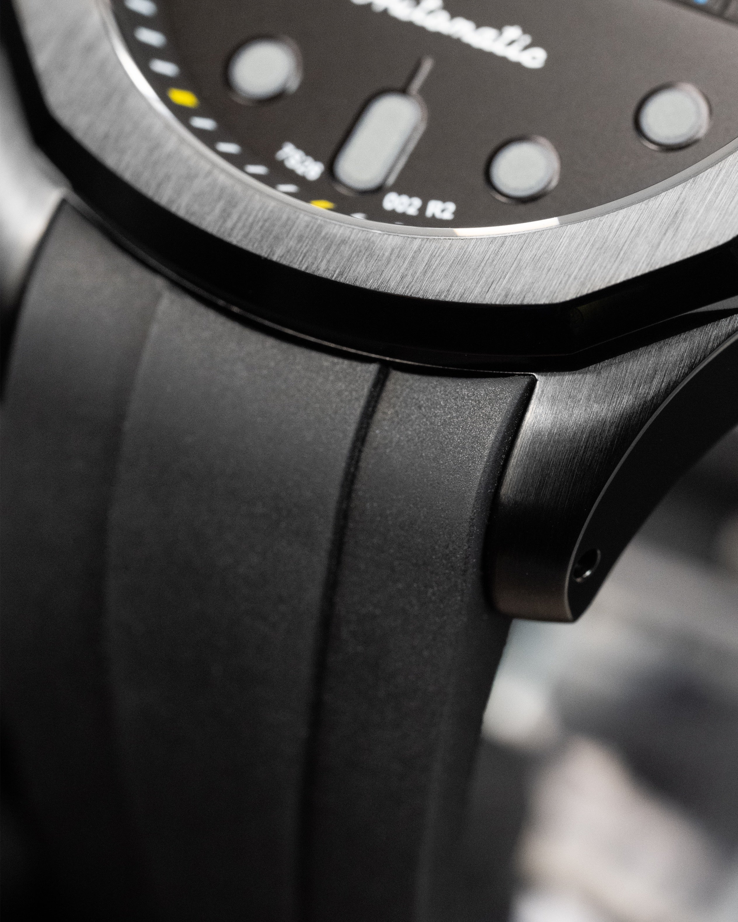 Custom Stealth Seiko 5 Mod – With Polished Black Nautilus Case Grey Indices Yellow Minute Track Yellow Second Hand And Black Rubber Strap