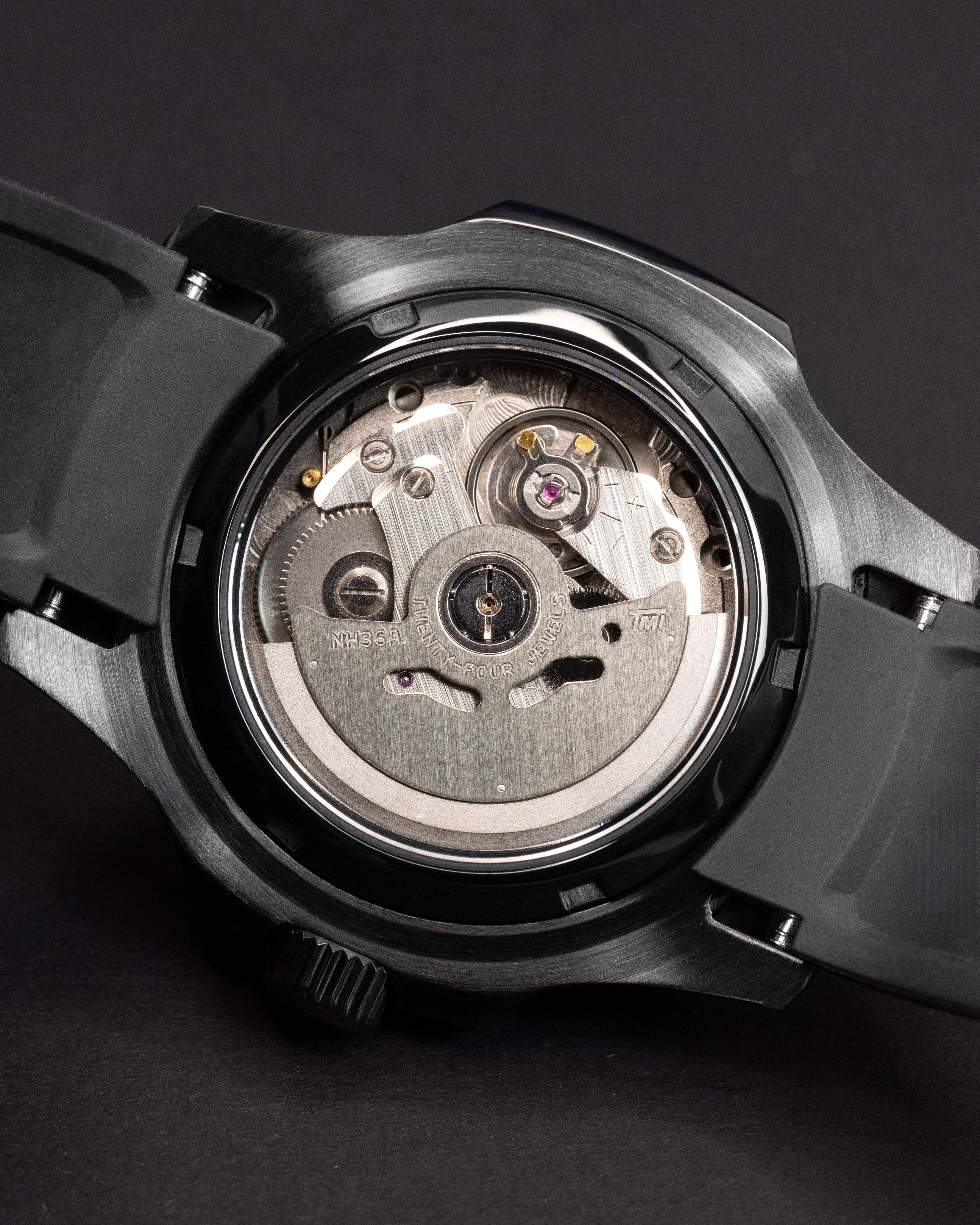 Custom Stealth Seiko 5 Mod – With Polished Black Nautilus Case Grey Indices Yellow Minute Track Yellow Second Hand And Black Rubber Strap