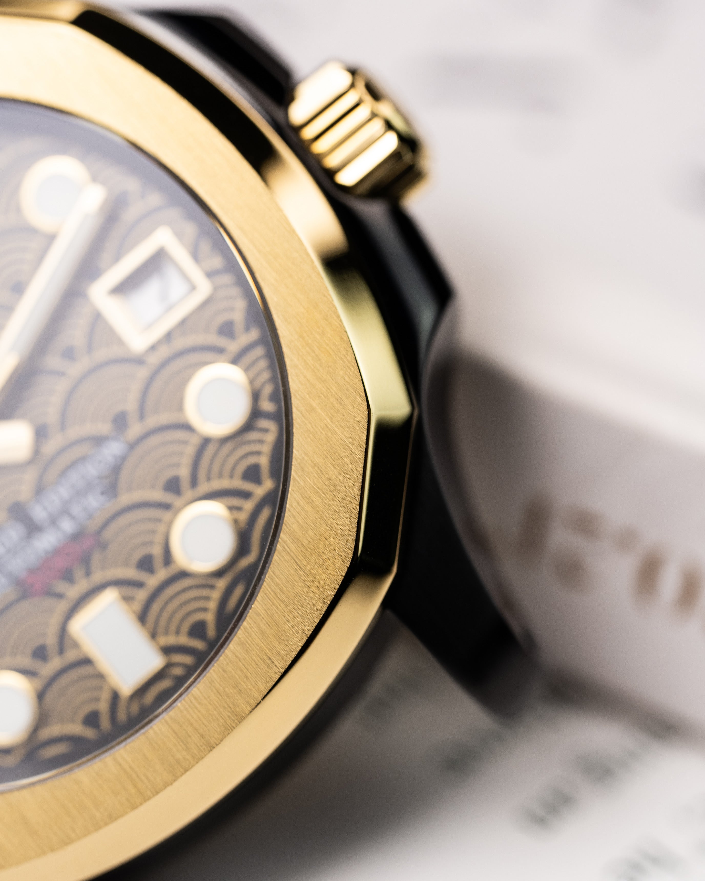 Limited Edition Custom – Seiko Mod With Gold Bezel Black Nautilus Case Gold Japanese Seigaiha Wave Pattern Dial Black Rubber Strap With Gold Clasp