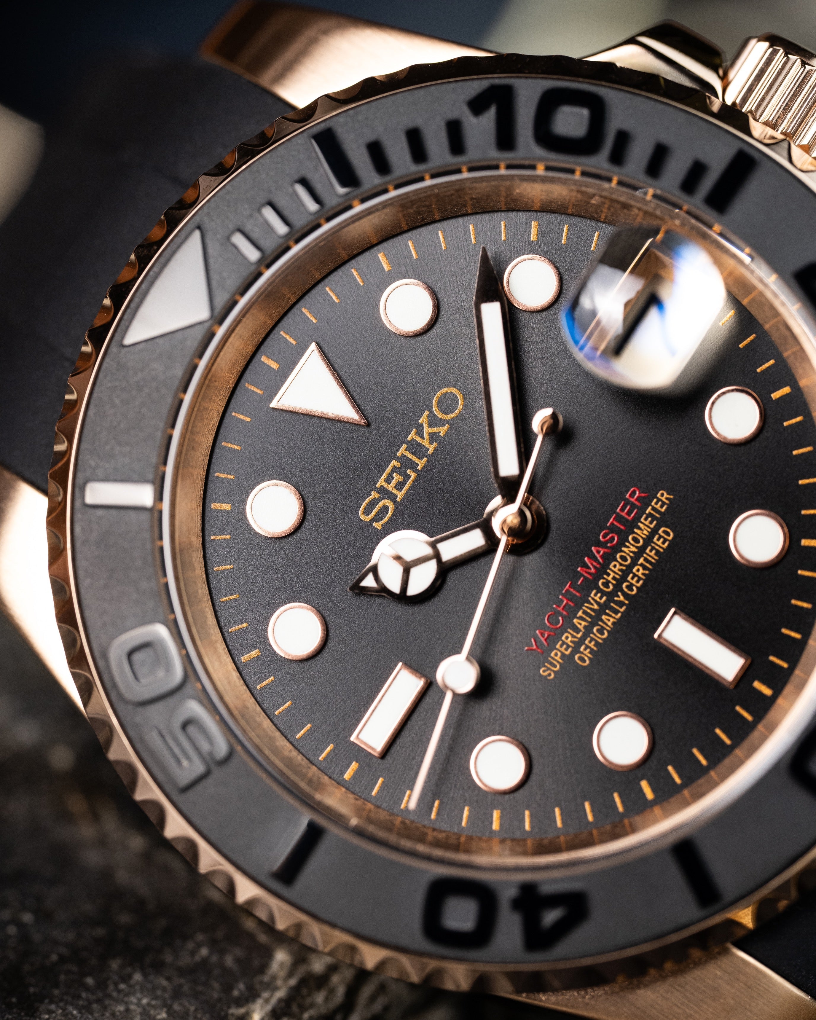 Custom Seiko Rose Gold Yacht Master Homage Mod – Black Dial Dive Watch With Cyclops Date