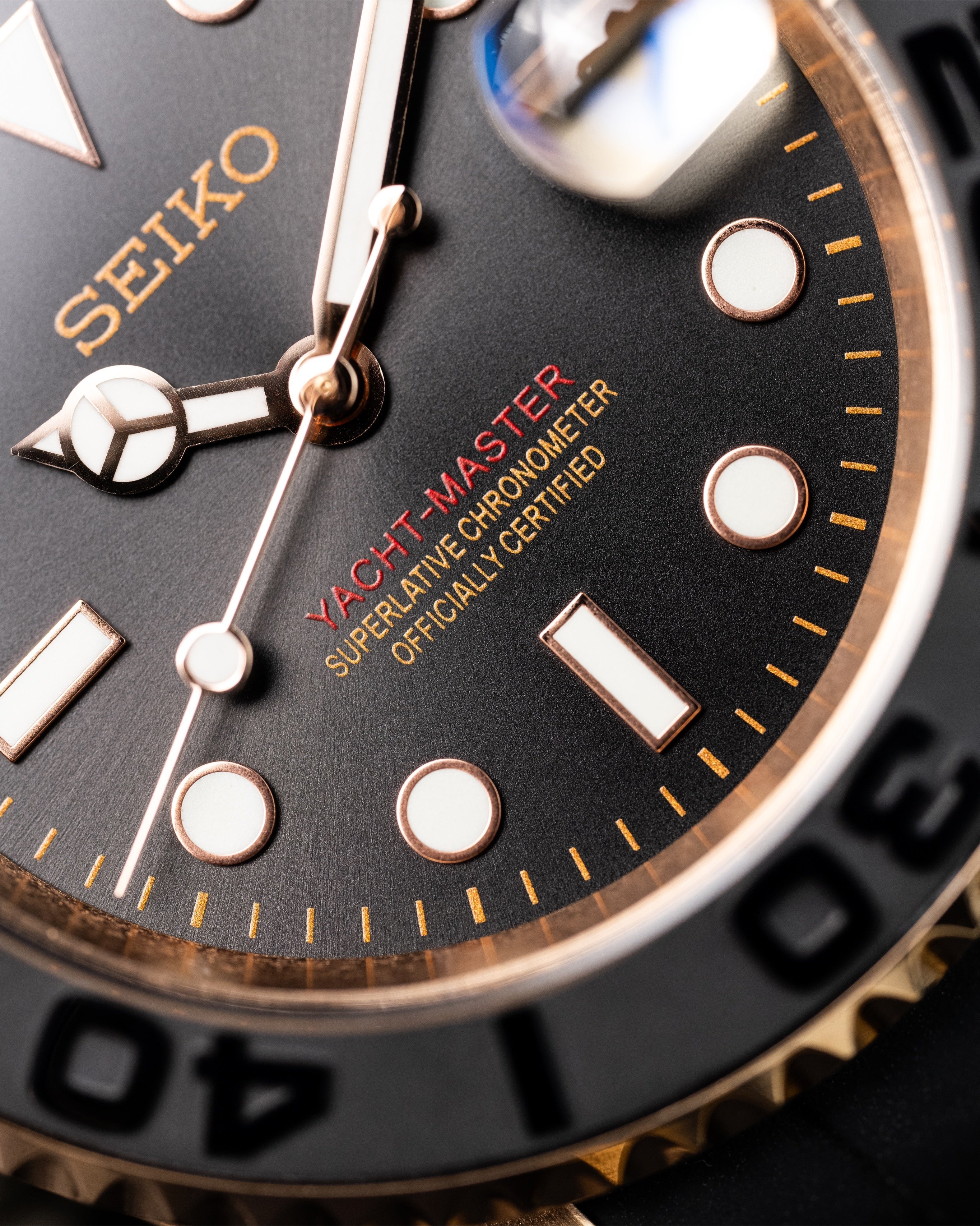 Custom Seiko Rose Gold Yacht Master Homage Mod – Black Dial Dive Watch With Cyclops Date