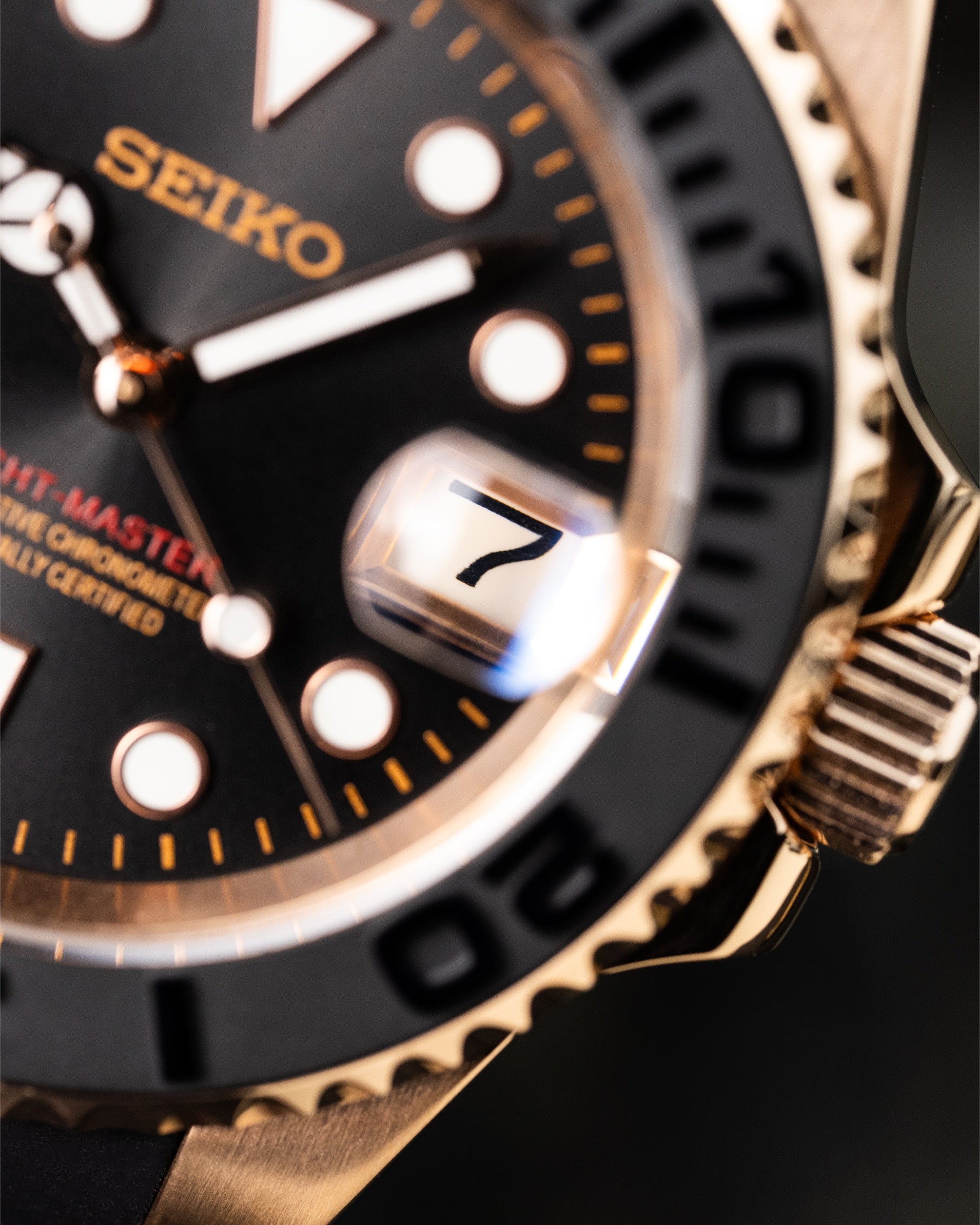 Custom Seiko Rose Gold Yacht Master Homage Mod – Black Dial Dive Watch With Cyclops Date