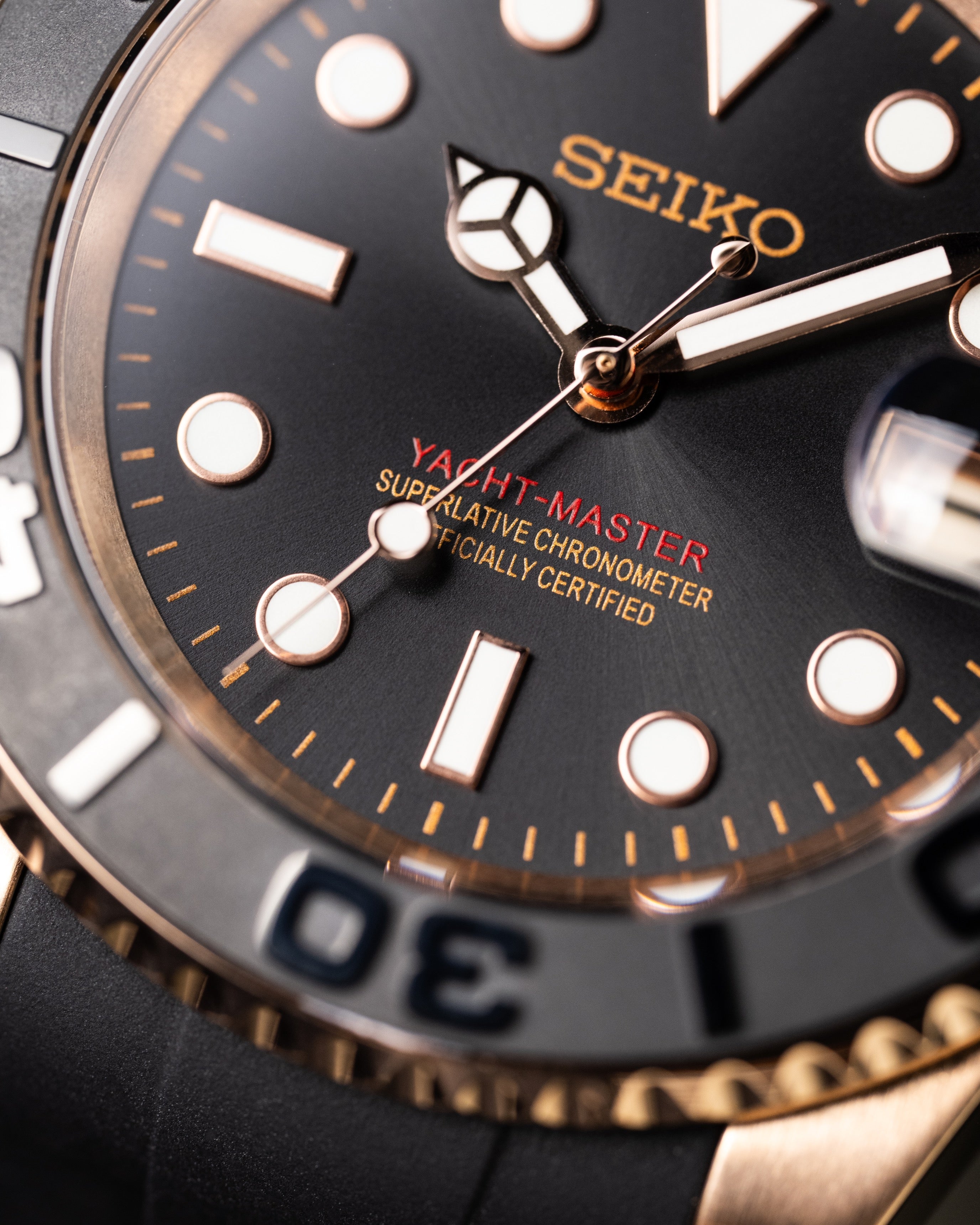 Custom Seiko Rose Gold Yacht Master Homage Mod – Black Dial Dive Watch With Cyclops Date