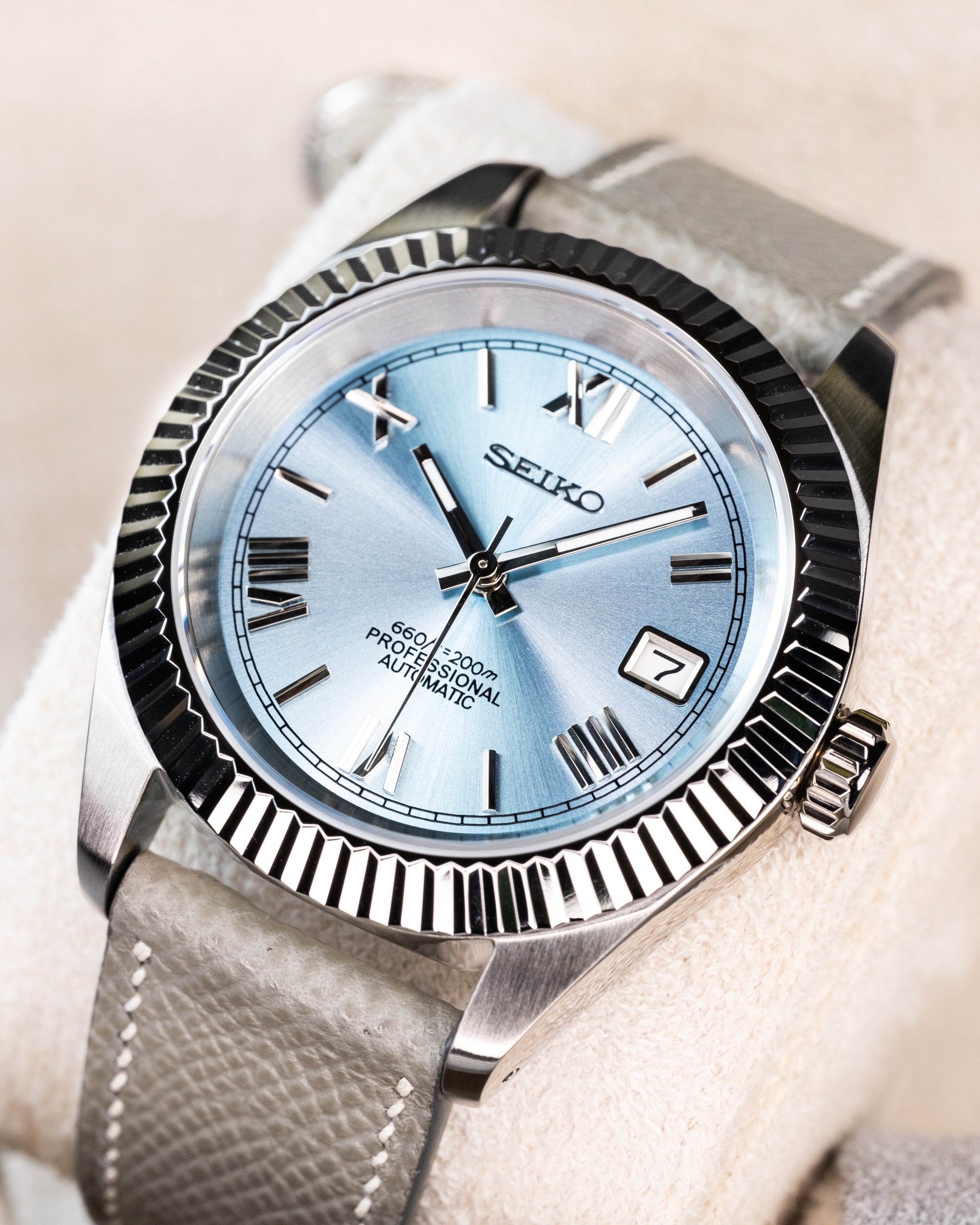 Custom Seiko Datejust – Mod Roman Numerals Fluted Bezel Sky Blue Dial Epsom Grey Leather Strap1