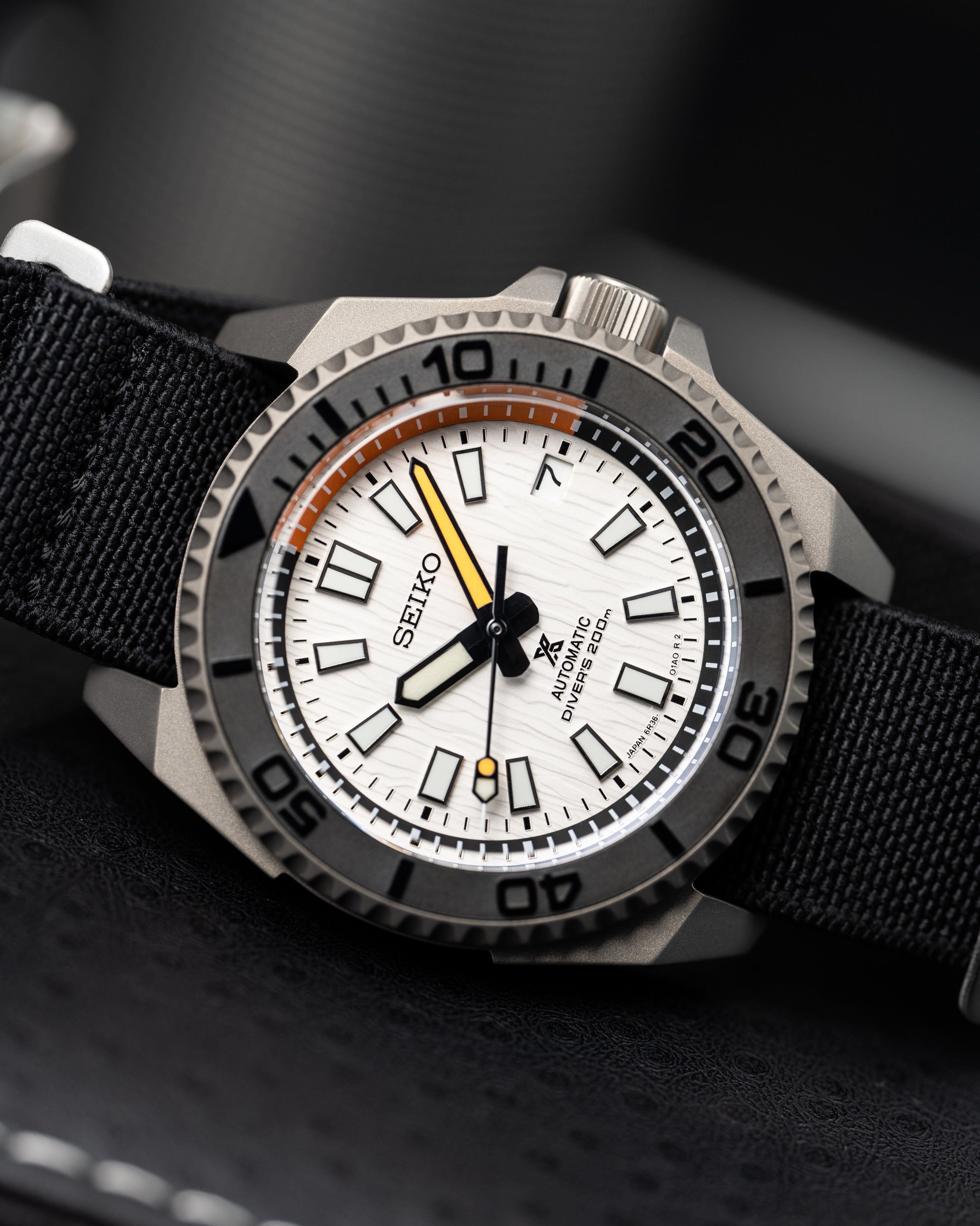 Custom Seiko Diver – Mod With Titanium Samurai Case White Birch Texture Dial Black And Orange Minute Track Chapter Ring Orange Tipped Seconds Hand Black Parachute Strap9