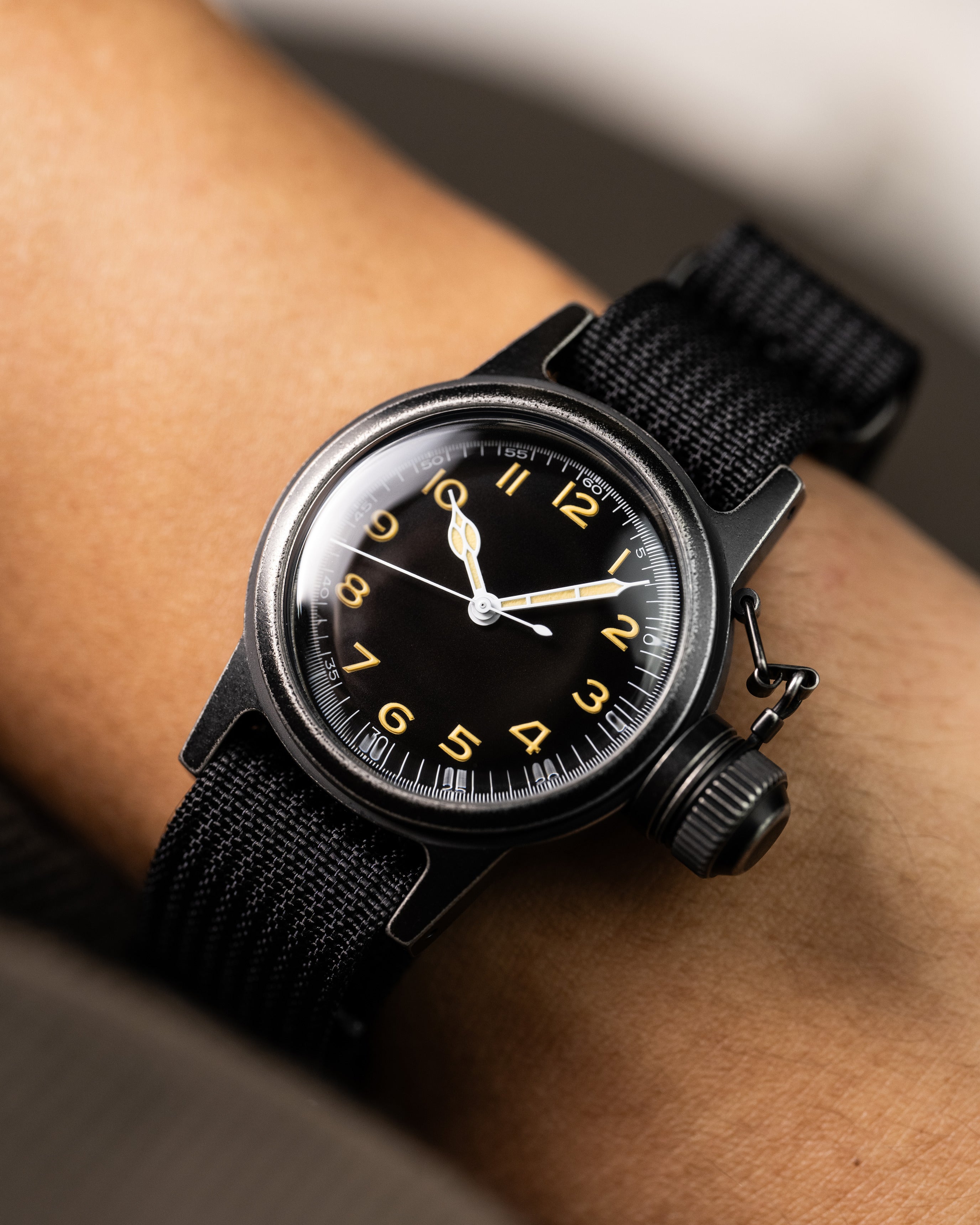 Custom Seiko Mod – Military Dive Watch Inspired By1951Elgin Udt Frogman Matte Black Canteen-Style Case Gilt Numerals Wearing On Hand5